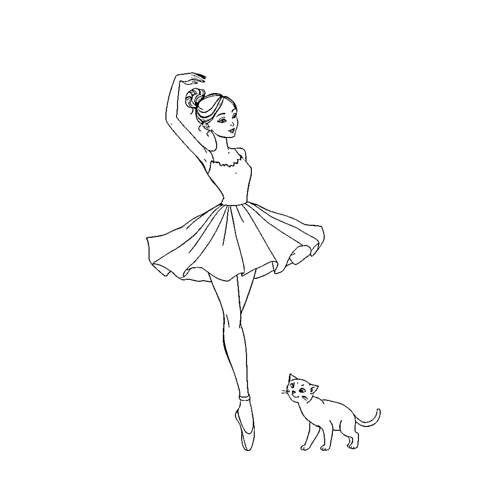 Ballet Dancer Gracefully Performing with Cat Coloring Page (free black-and-white line drawing printable PDF for all, from beginners to advanced learners, including children, teens, adults, and seniors)