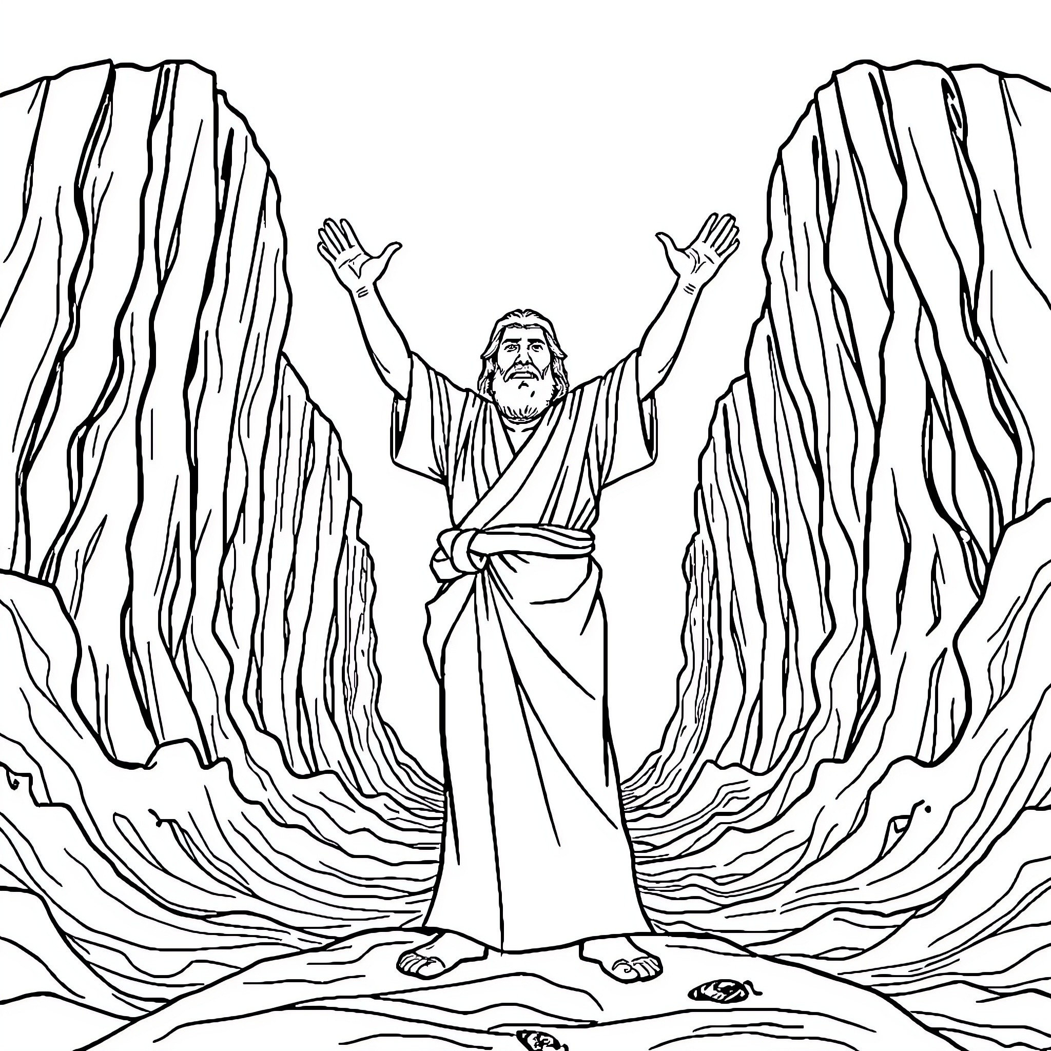 Moses Parting the Seas with Outstretched Arms Coloring Page (free black-and-white line drawing printable PDF for all, from beginners to advanced learners, including children, teens, adults, and seniors)