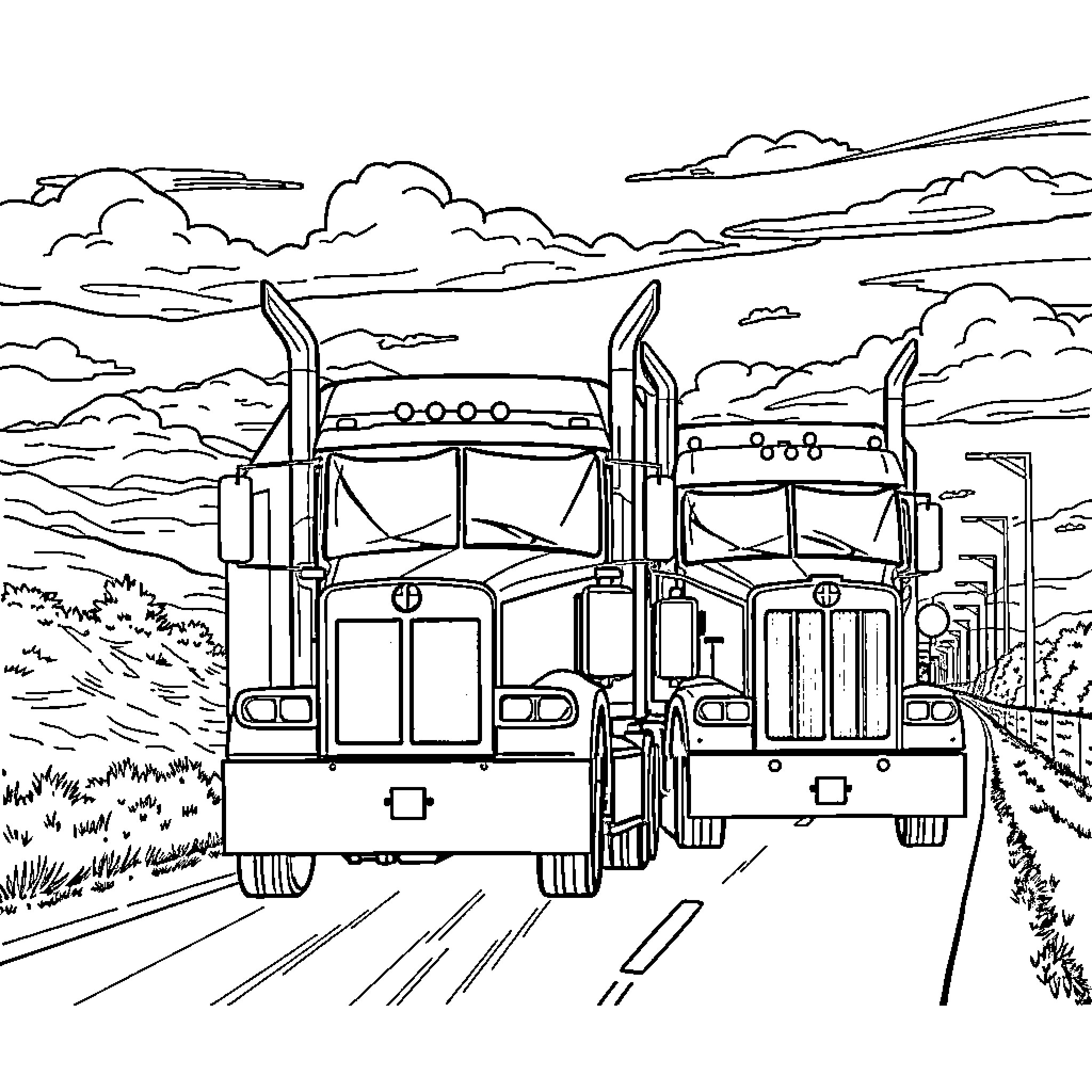 Truck convoy driving on the highway Coloring Page (free black-and-white line drawing printable PDF for all, from beginners to advanced learners, including children, teens, adults, and seniors)