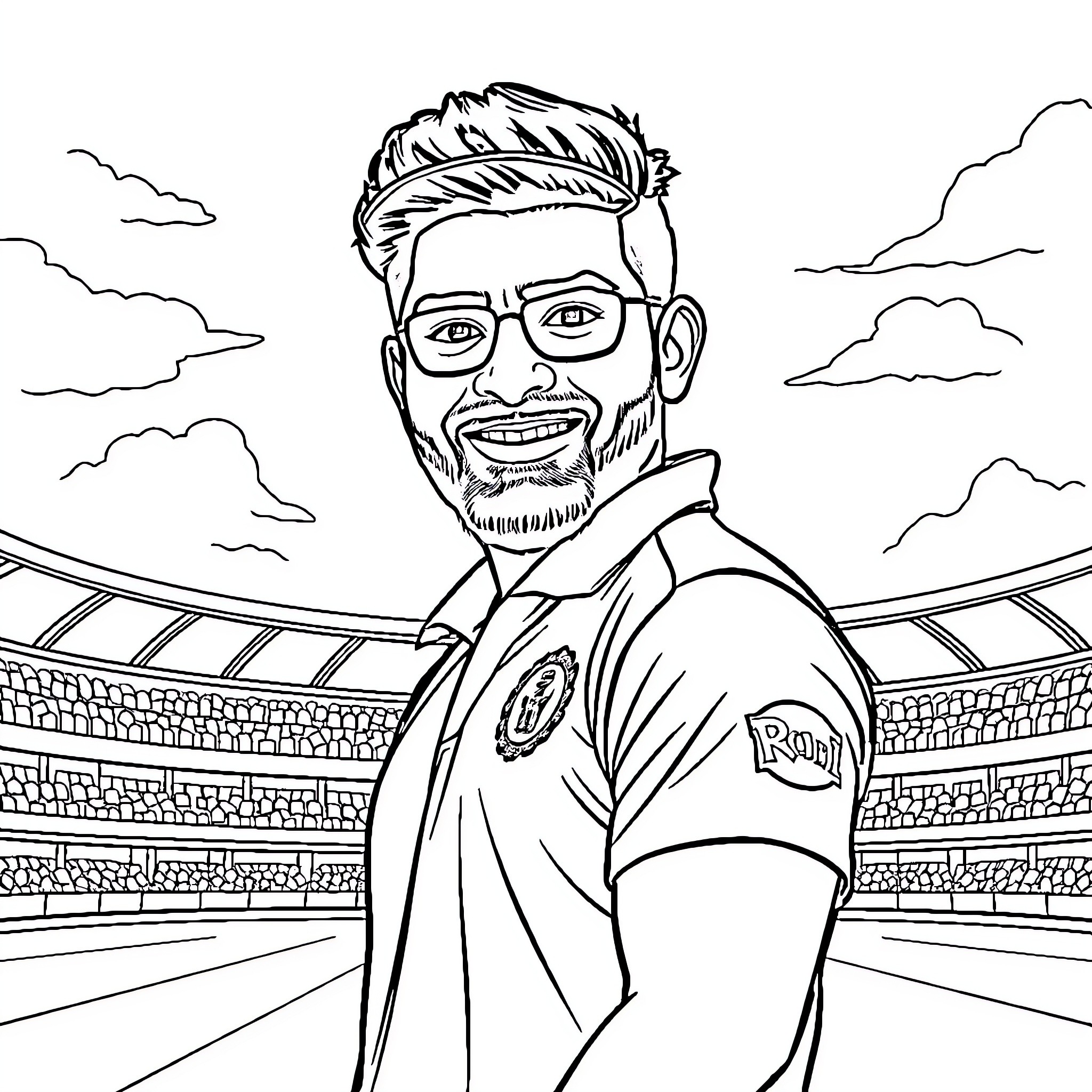 Rohit Sharma Smiling Confidently in Cricket Stadium Coloring Page (free black-and-white line drawing printable PDF for all, from beginners to advanced learners, including children, teens, adults, and seniors)