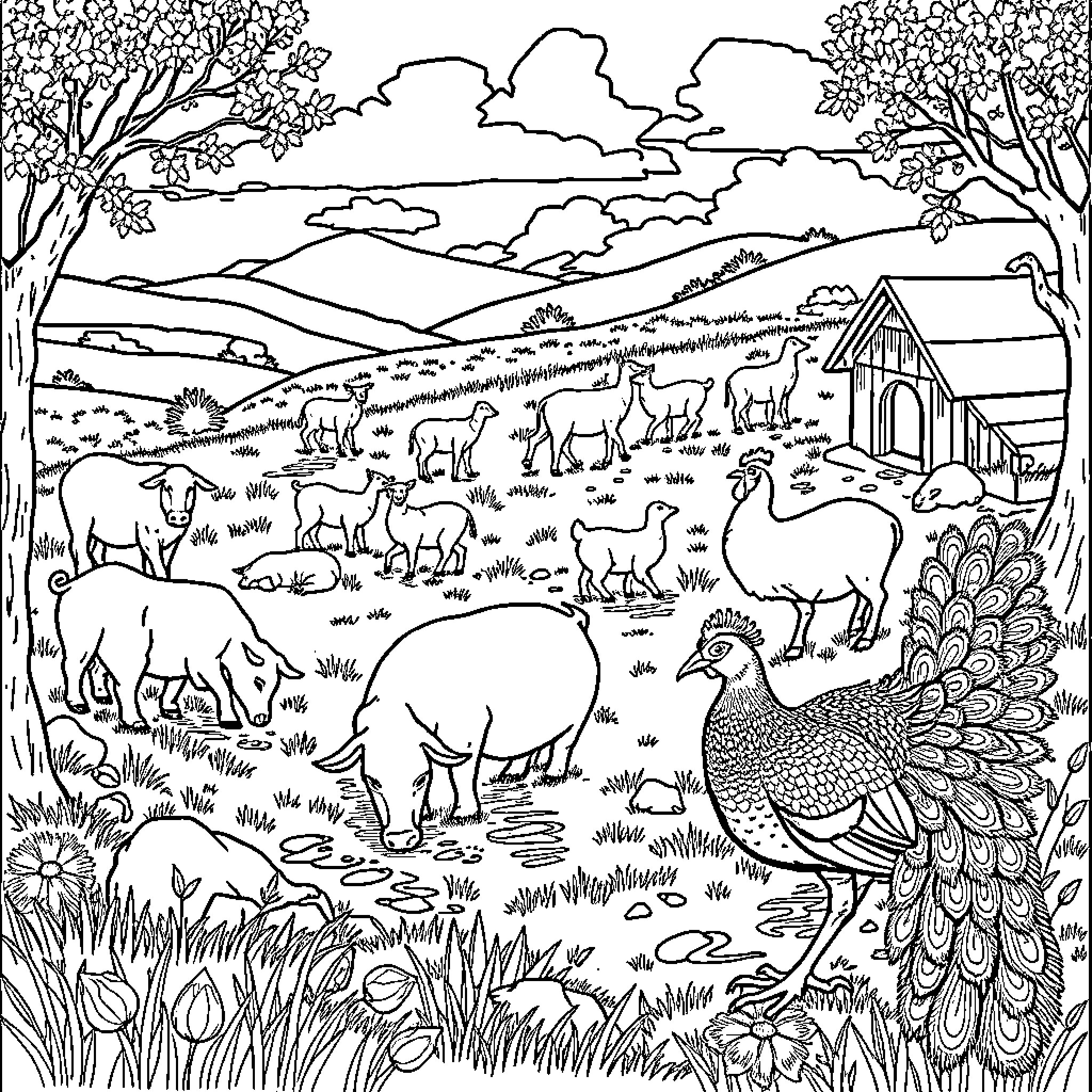 Farm Animal Gathering in Pastoral Countryside Scene Coloring Page (free black-and-white line drawing printable PDF for all, from beginners to advanced learners, including children, teens, adults, and seniors)
