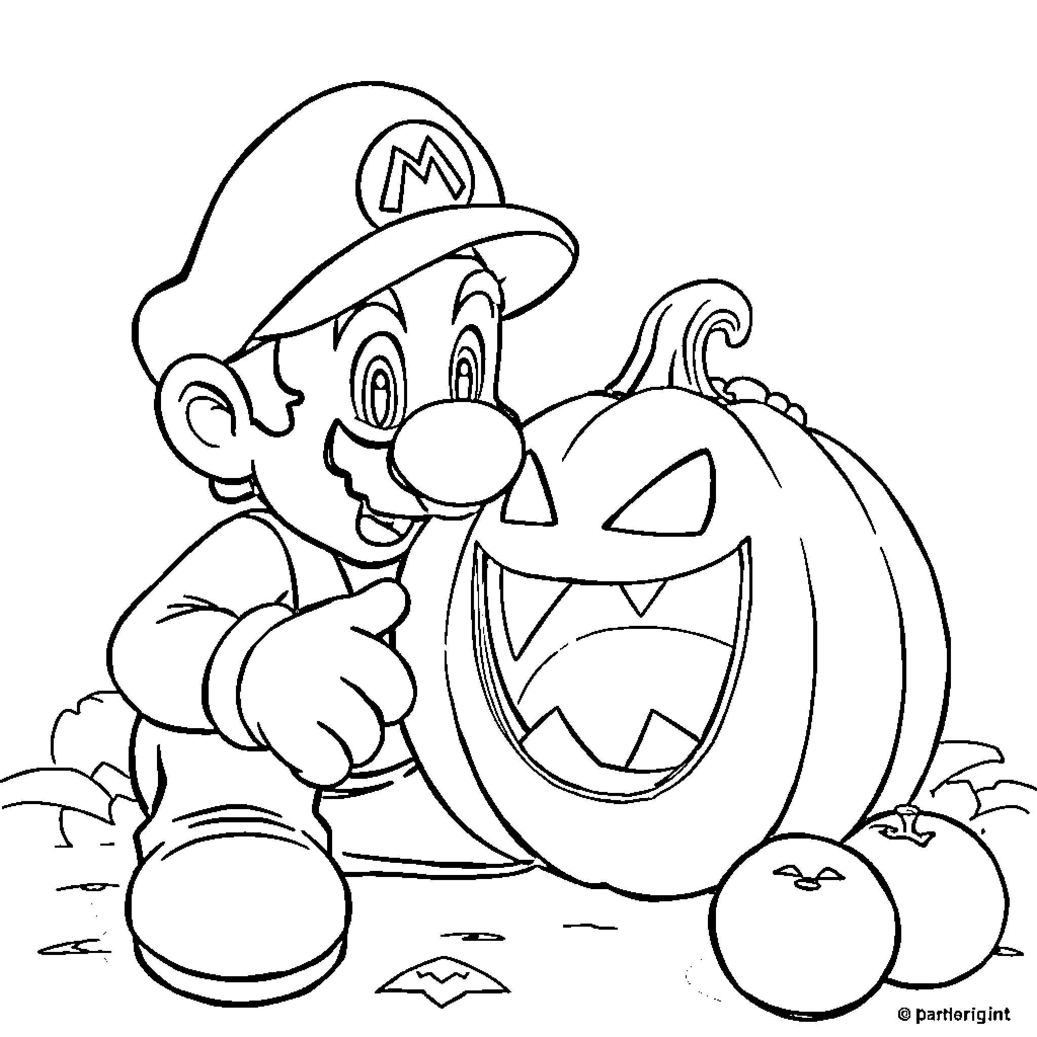 Mario enjoying Halloween with a pumpkin Coloring Page (free black-and-white line drawing printable PDF for all, from beginners to advanced learners, including children, teens, adults, and seniors)