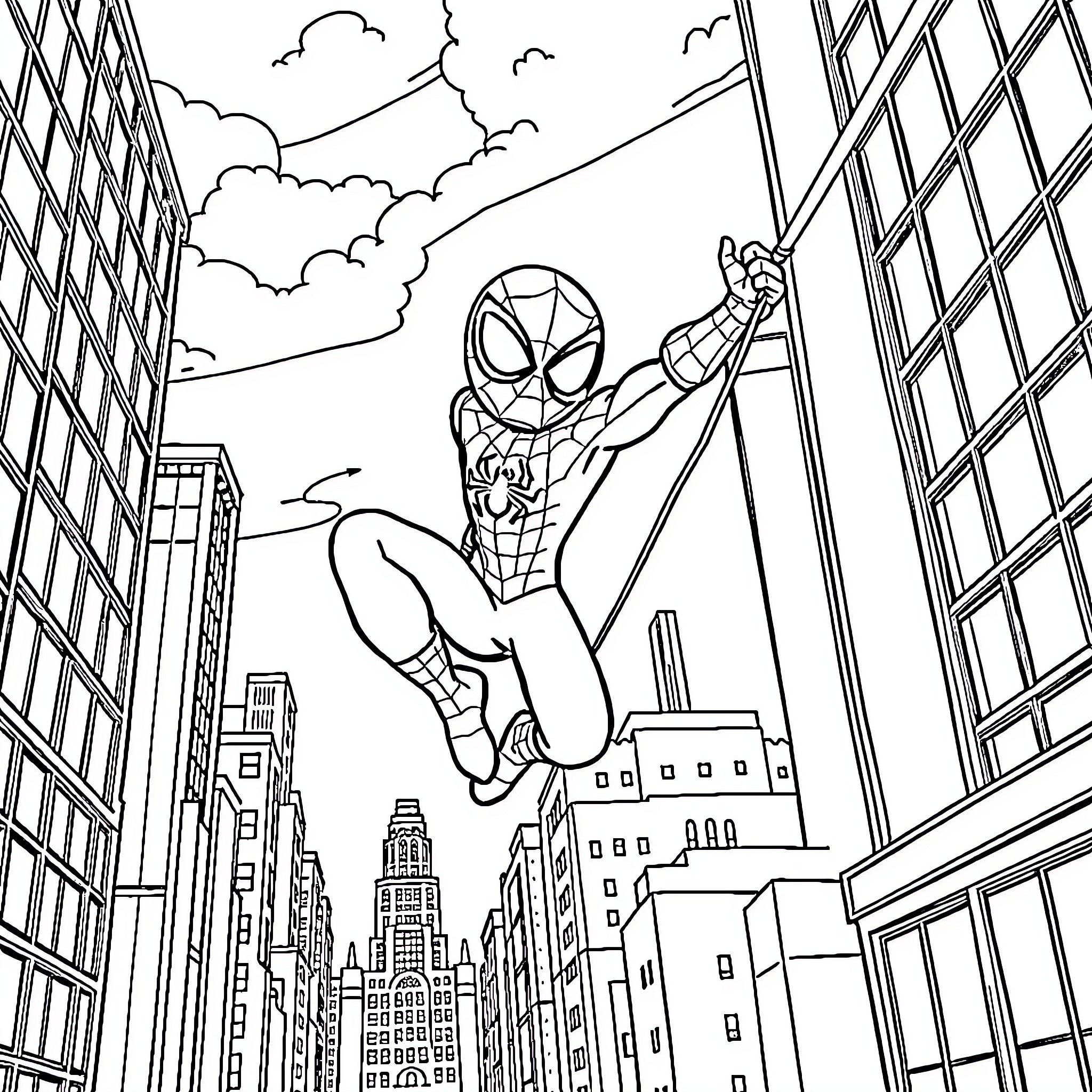 Spiderman swinging heroically through the city Coloring Page (free black-and-white line drawing printable PDF for all, from beginners to advanced learners, including children, teens, adults, and seniors)
