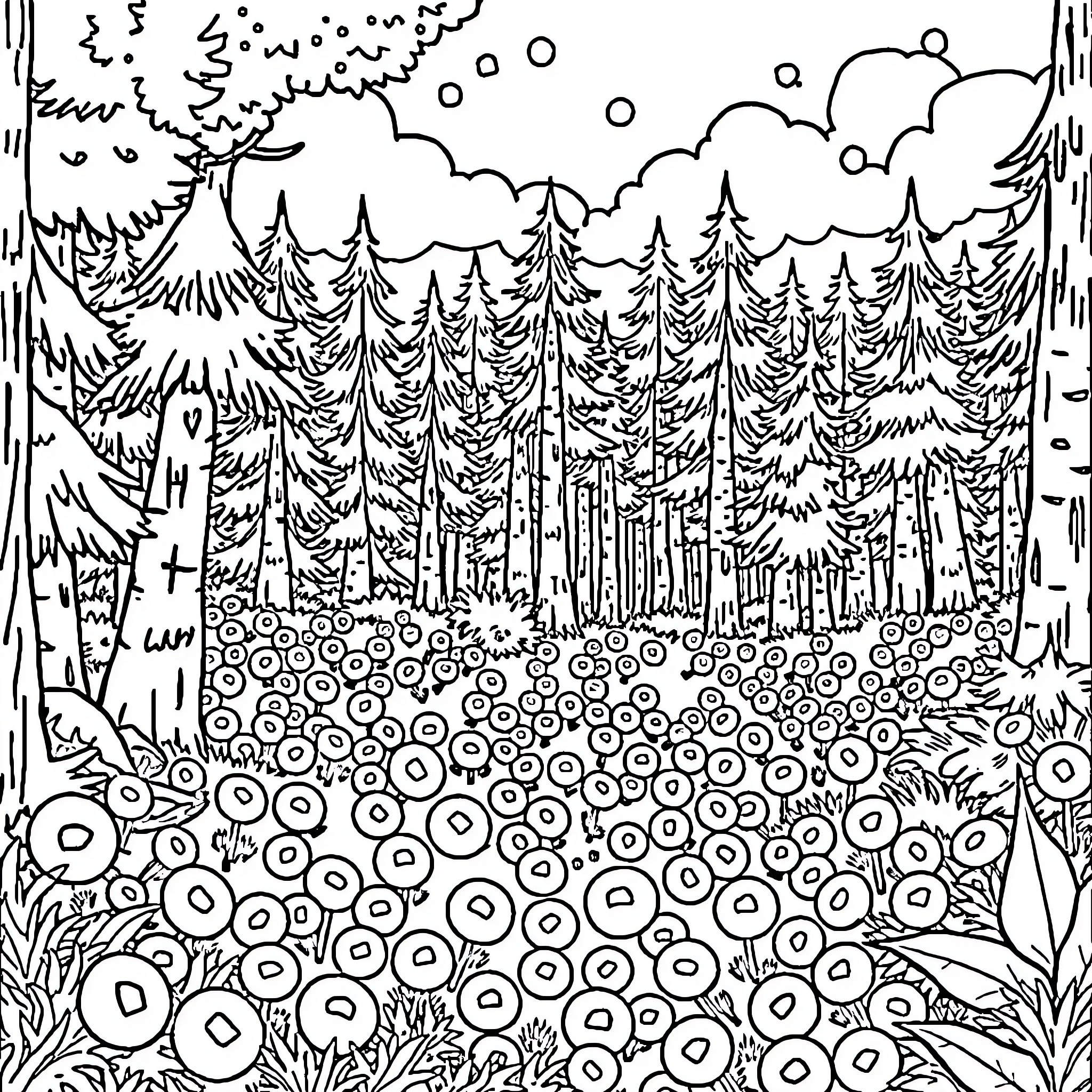 Forest Filled with Whimsical Shapes and Patterns Coloring Page (free black-and-white line drawing printable PDF for all, from beginners to advanced learners, including children, teens, adults, and seniors)