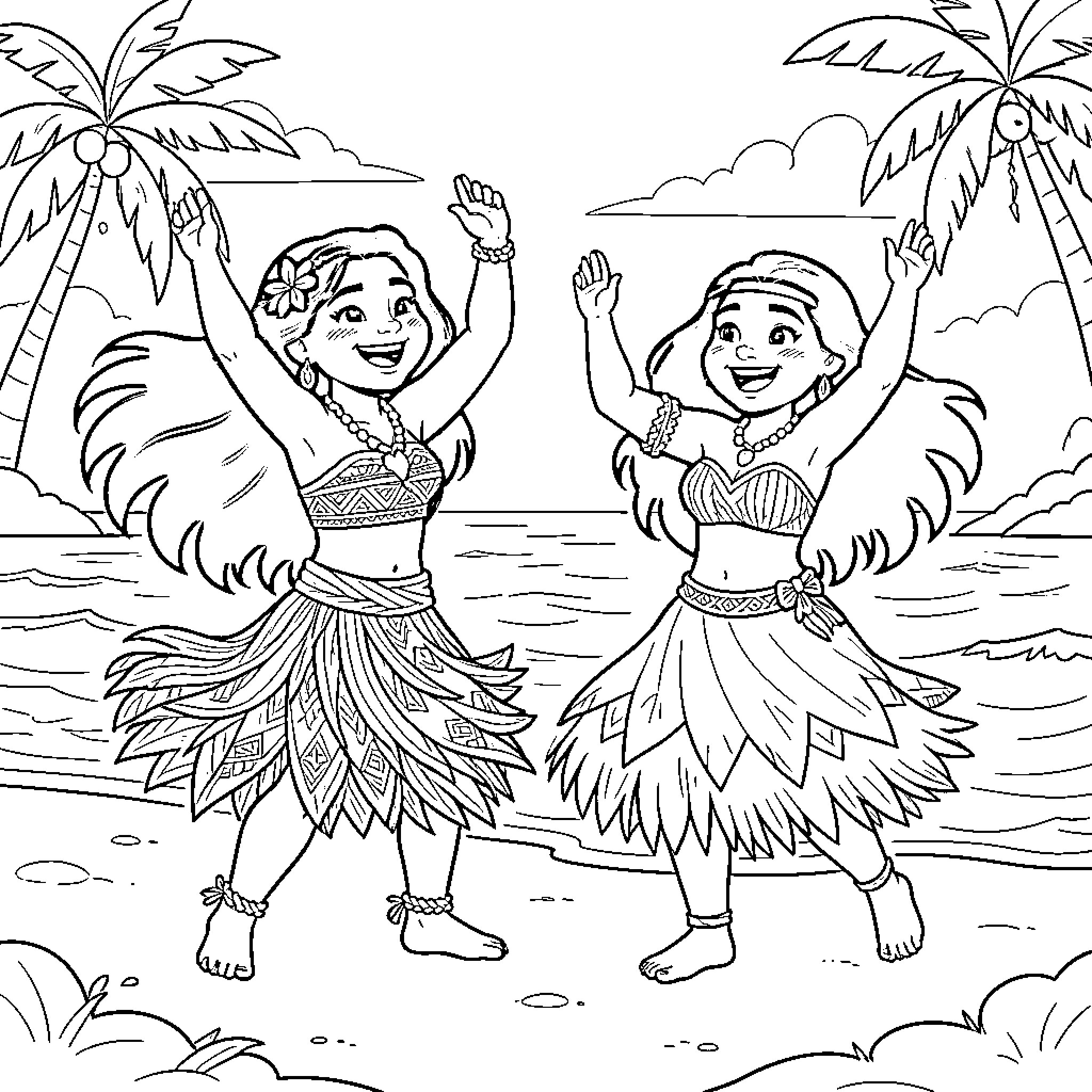 Moana and friend dancing joyfully on a tropical beach Coloring Page (free black-and-white line drawing printable PDF for all, from beginners to advanced learners, including children, teens, adults, and seniors)