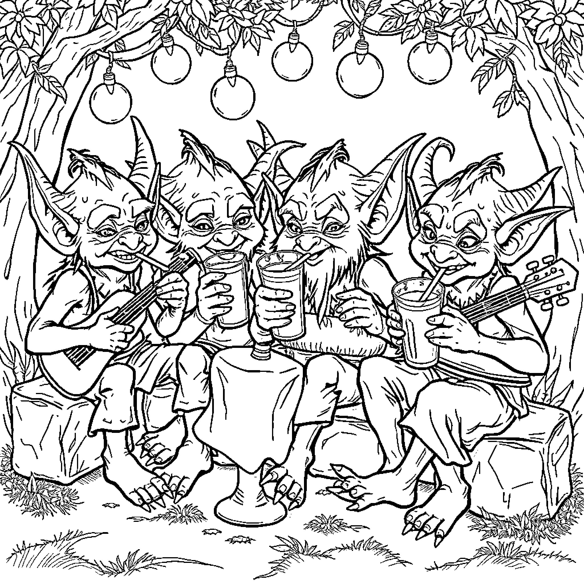 Goblin Ghouls Celebrating in Festive Forest Coloring Page (free black-and-white line drawing printable PDF for all, from beginners to advanced learners, including children, teens, adults, and seniors)