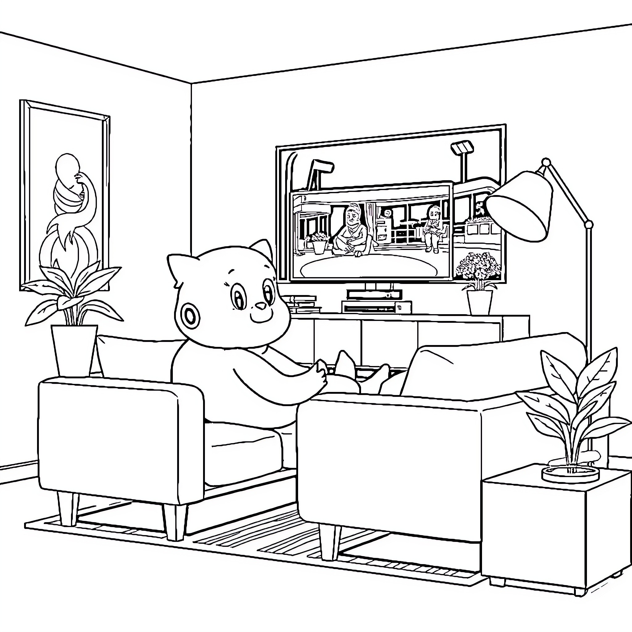 Karakter Kartun Playing Video Game in Living Room Coloring Page (free black-and-white line drawing printable PDF for all, from beginners to advanced learners, including children, teens, adults, and seniors)