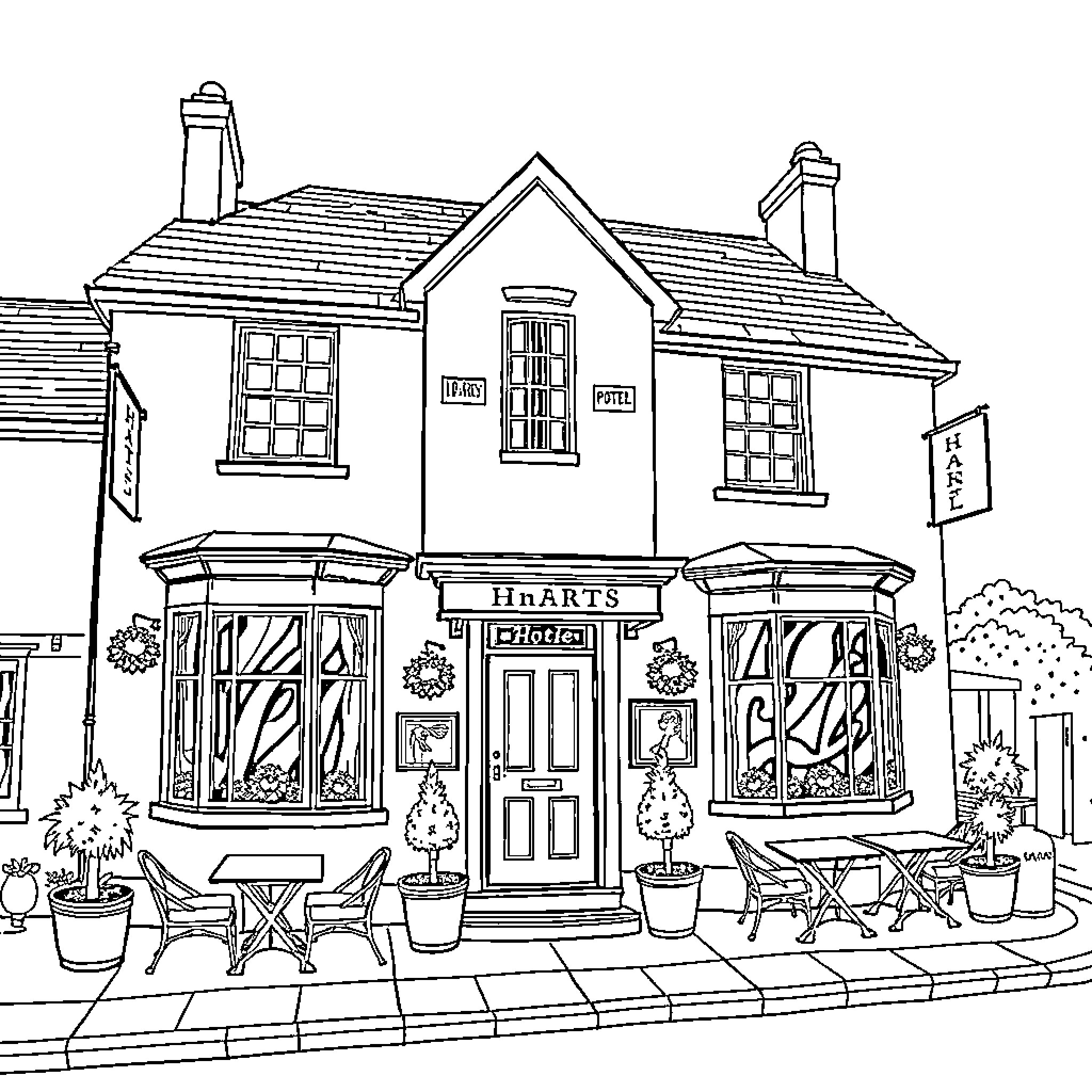 Hart's Charming Storefront with Floral Decor Coloring Page (free black-and-white line drawing printable PDF for all, from beginners to advanced learners, including children, teens, adults, and seniors)