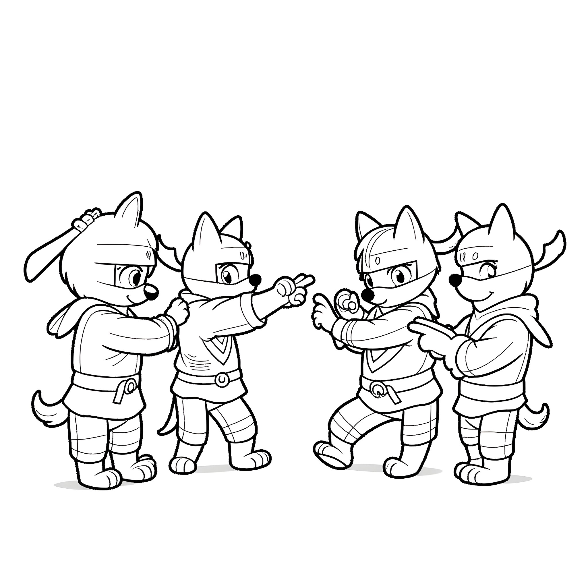 Bluey and friends playing together happily Coloring Page (free black-and-white line drawing printable PDF for all, from beginners to advanced learners, including children, teens, adults, and seniors)