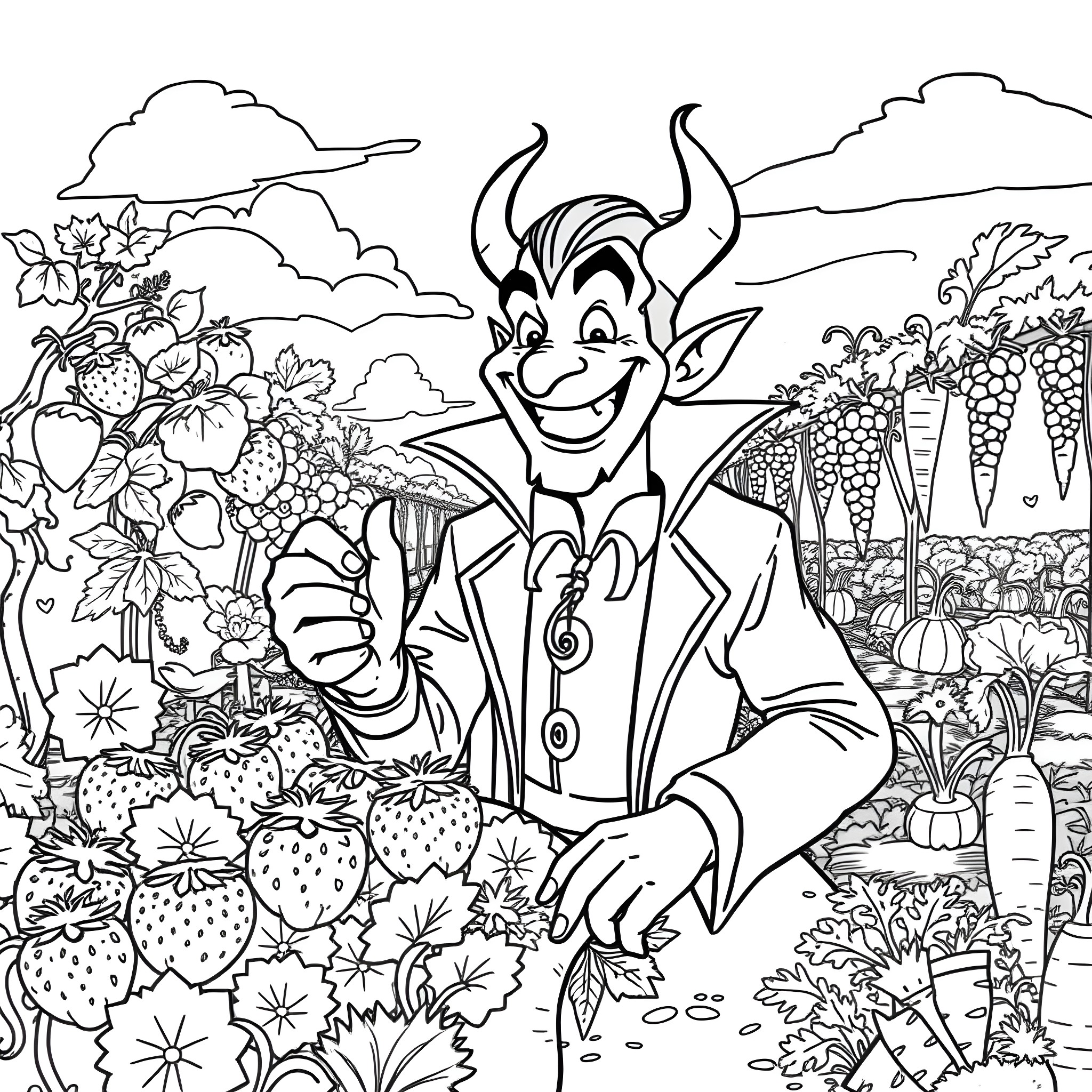 Vampire Gardener Tending to a Bountiful Vegetable Patch Coloring Page (free black-and-white line drawing printable PDF for all, from beginners to advanced learners, including children, teens, adults, and seniors)