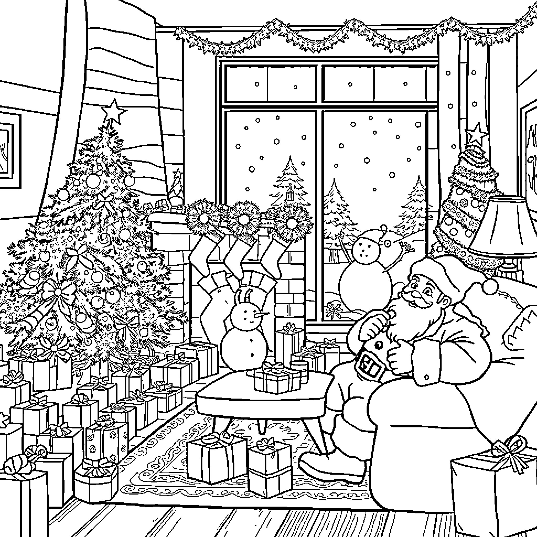 Christmas Scene with Decorated Tree and Presents Coloring Page (free black-and-white line drawing printable PDF for all, from beginners to advanced learners, including children, teens, adults, and seniors)