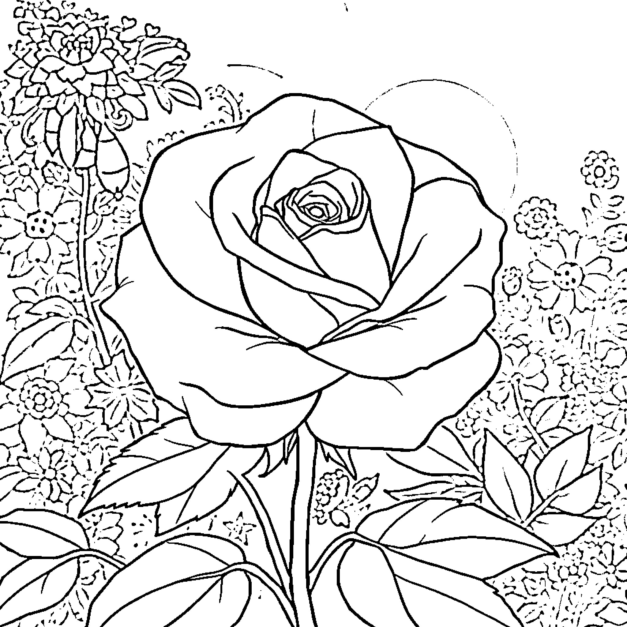 Rose in a Floral Garden Coloring Page (free black-and-white line drawing printable PDF for all, from beginners to advanced learners, including children, teens, adults, and seniors)