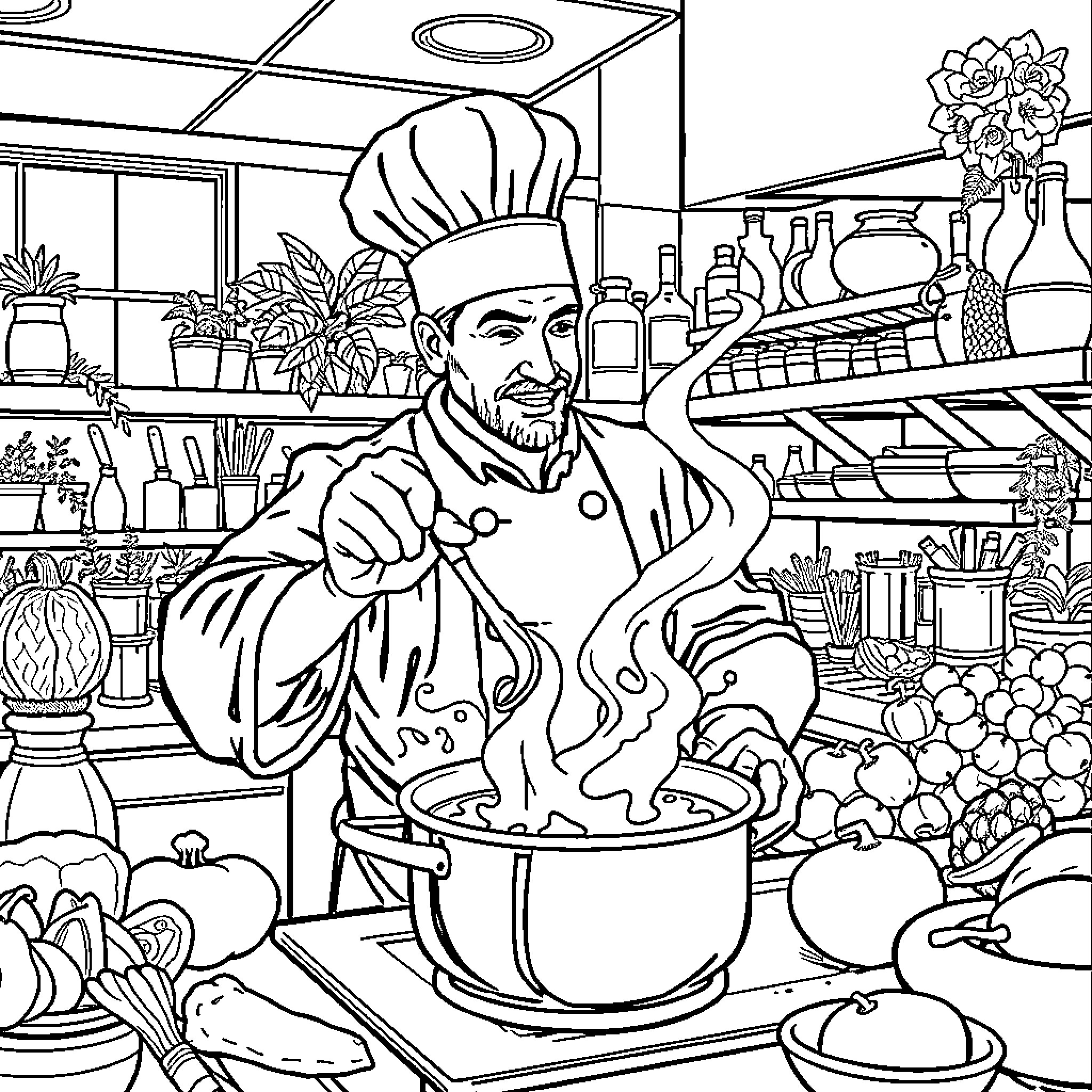 Chef Preparing a Delicious Meal in the Kitchen Coloring Page (free black-and-white line drawing printable PDF for all, from beginners to advanced learners, including children, teens, adults, and seniors)