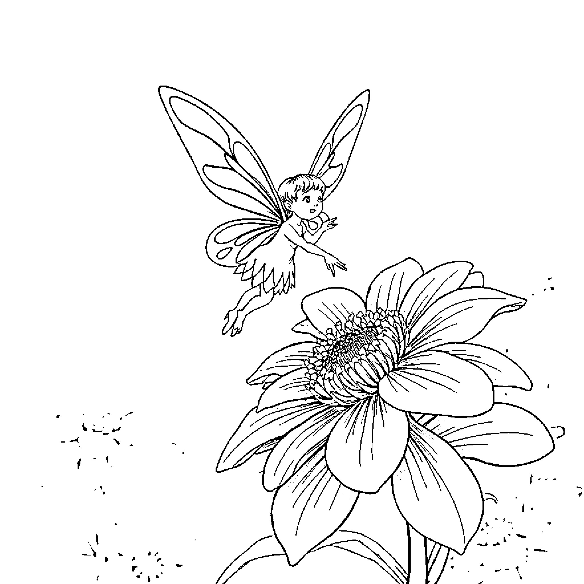 Fairy dancing on a giant flower Coloring Page (free black-and-white line drawing printable PDF for all, from beginners to advanced learners, including children, teens, adults, and seniors)