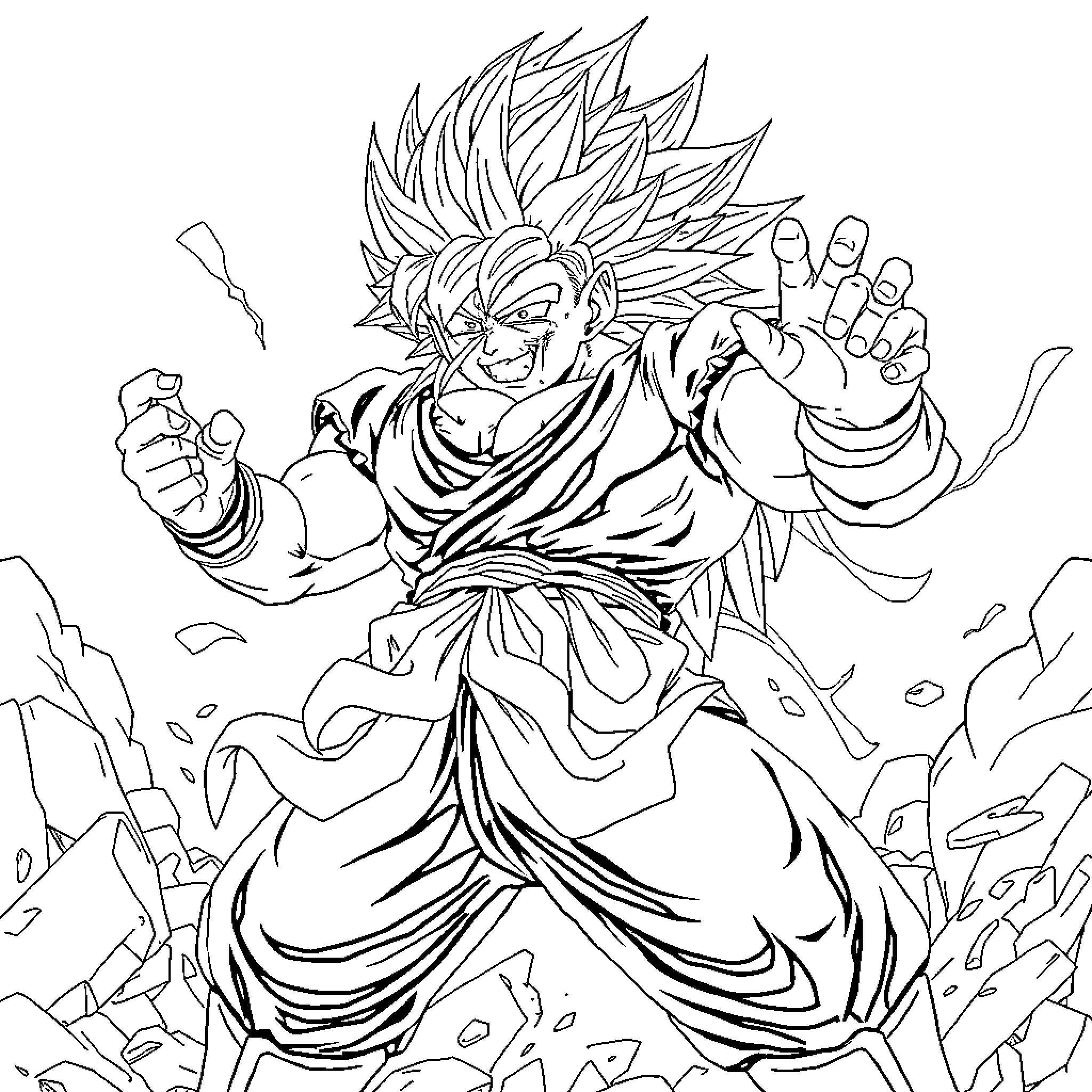 Broly in an intense battle stance Coloring Page (free black-and-white line drawing printable PDF for all, from beginners to advanced learners, including children, teens, adults, and seniors)