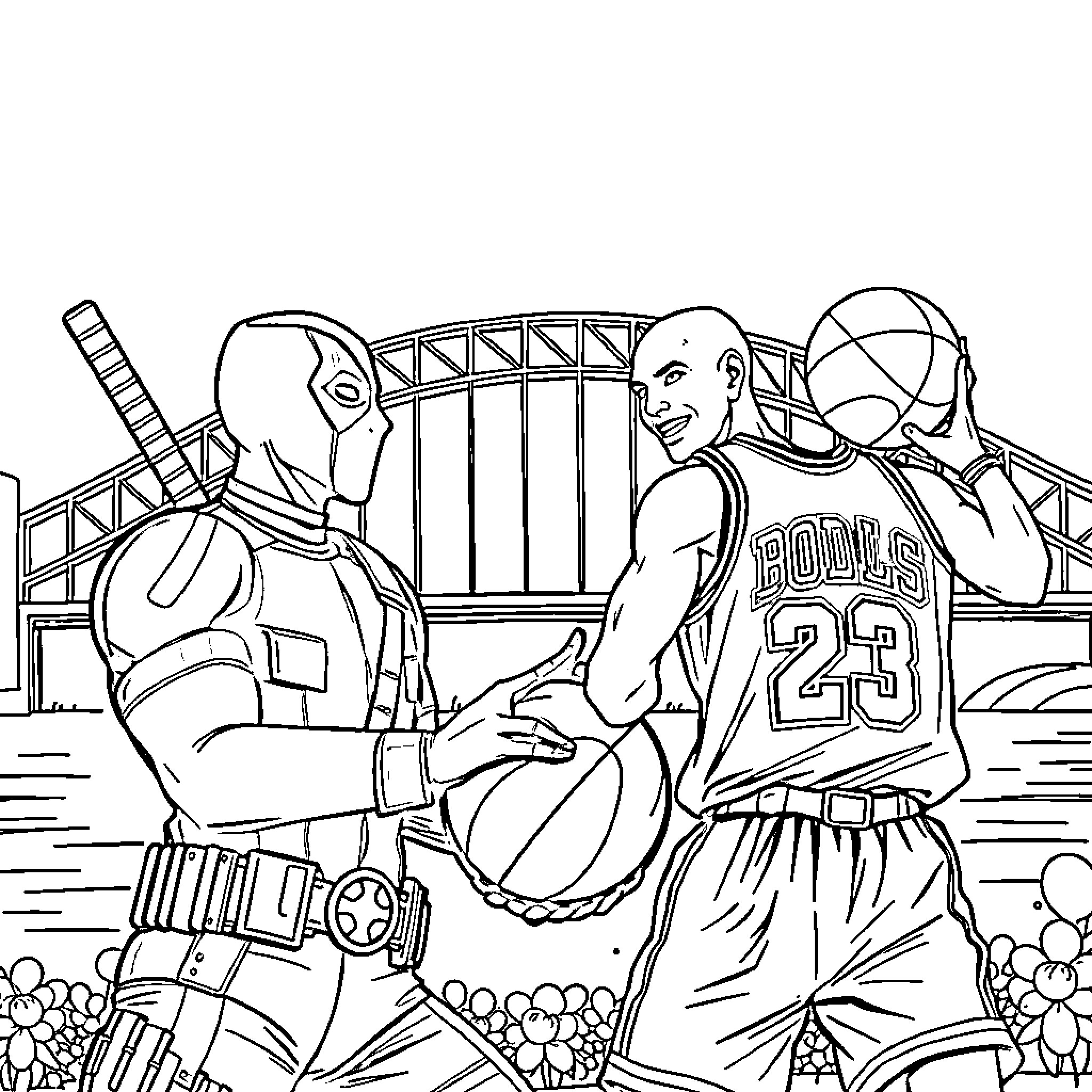 Deadpool playing basketball with a superhero sidekick Coloring Page (free black-and-white line drawing printable PDF for all, from beginners to advanced learners, including children, teens, adults, and seniors)