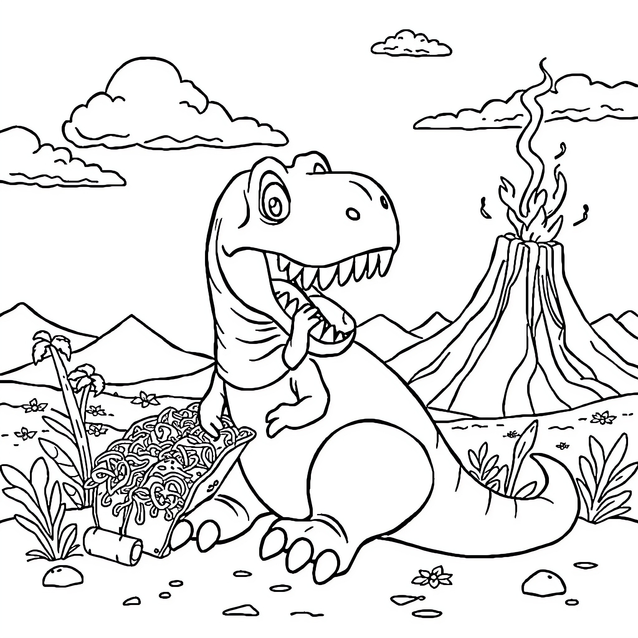 T-Rex roaring near erupting volcano in prehistoric landscape Coloring Page (free black-and-white line drawing printable PDF for all, from beginners to advanced learners, including children, teens, adults, and seniors)