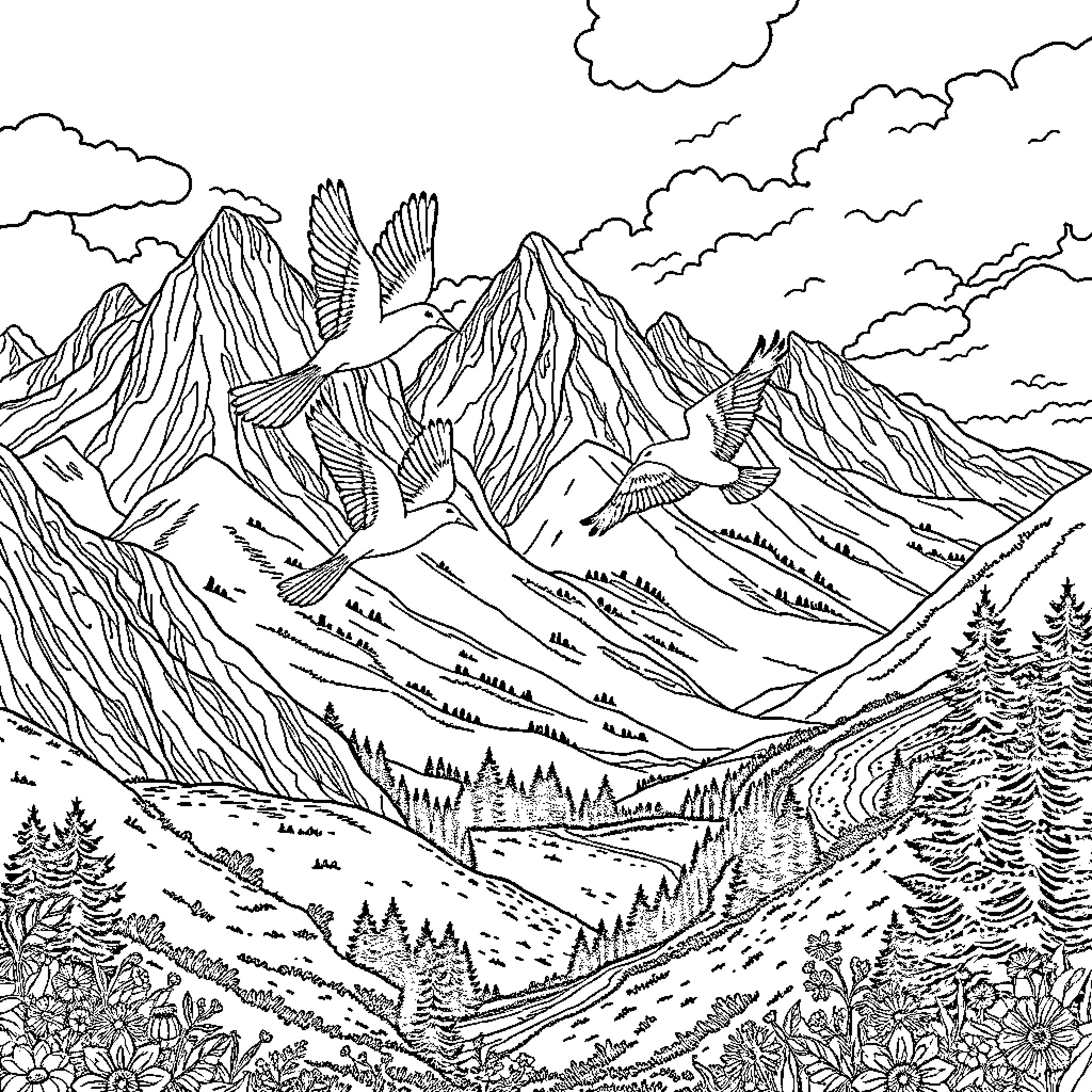 Birds soaring over majestic mountain landscape Coloring Page (free black-and-white line drawing printable PDF for all, from beginners to advanced learners, including children, teens, adults, and seniors)