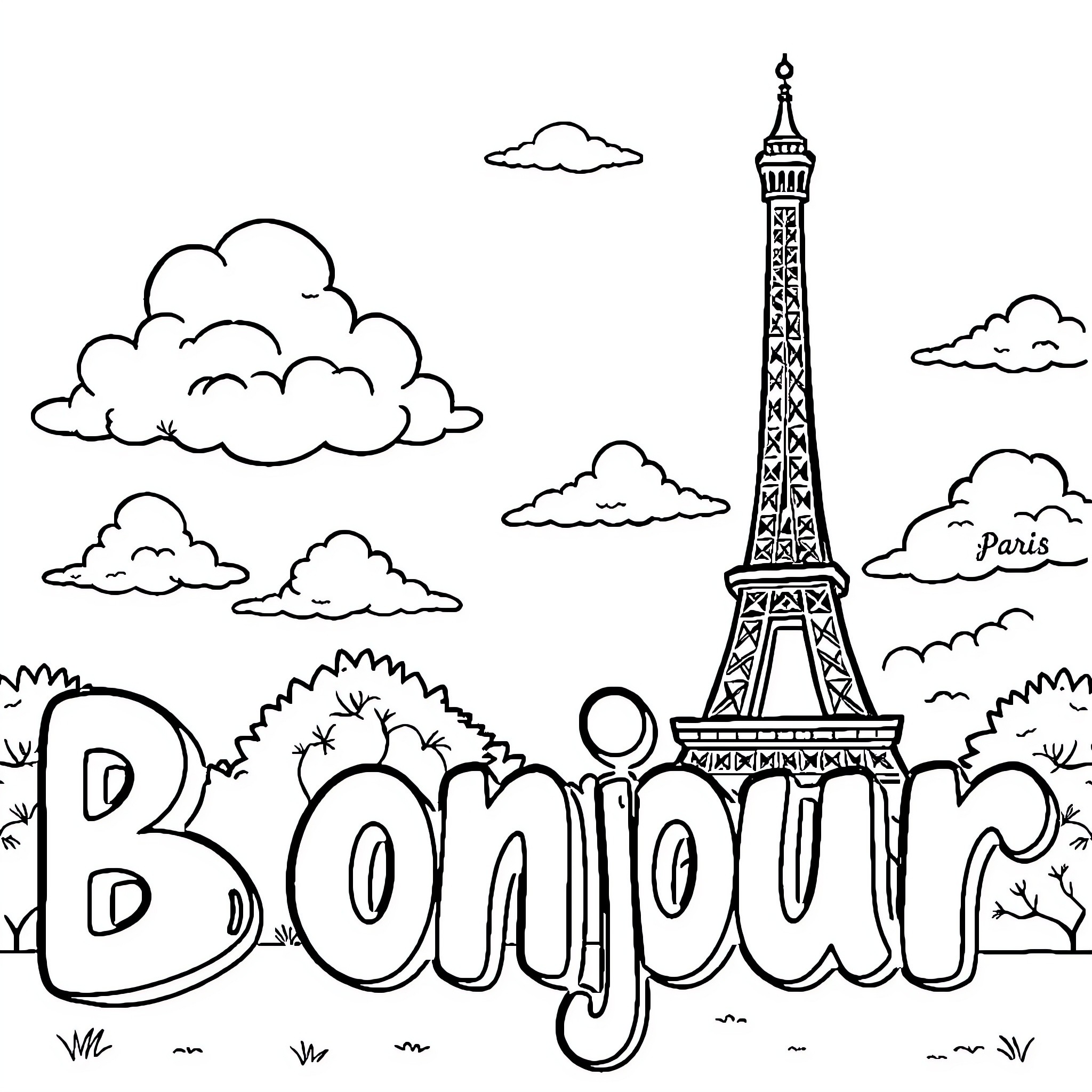Eiffel Tower and Bonjour landscape Coloring Page (free black-and-white line drawing printable PDF for all, from beginners to advanced learners, including children, teens, adults, and seniors)
