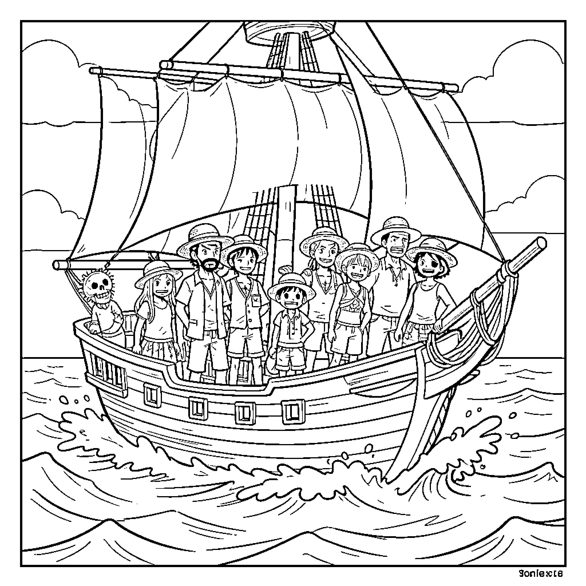 One Piece crew members standing together on a sailing ship Coloring Page (free black-and-white line drawing printable PDF for all, from beginners to advanced learners, including children, teens, adults, and seniors)