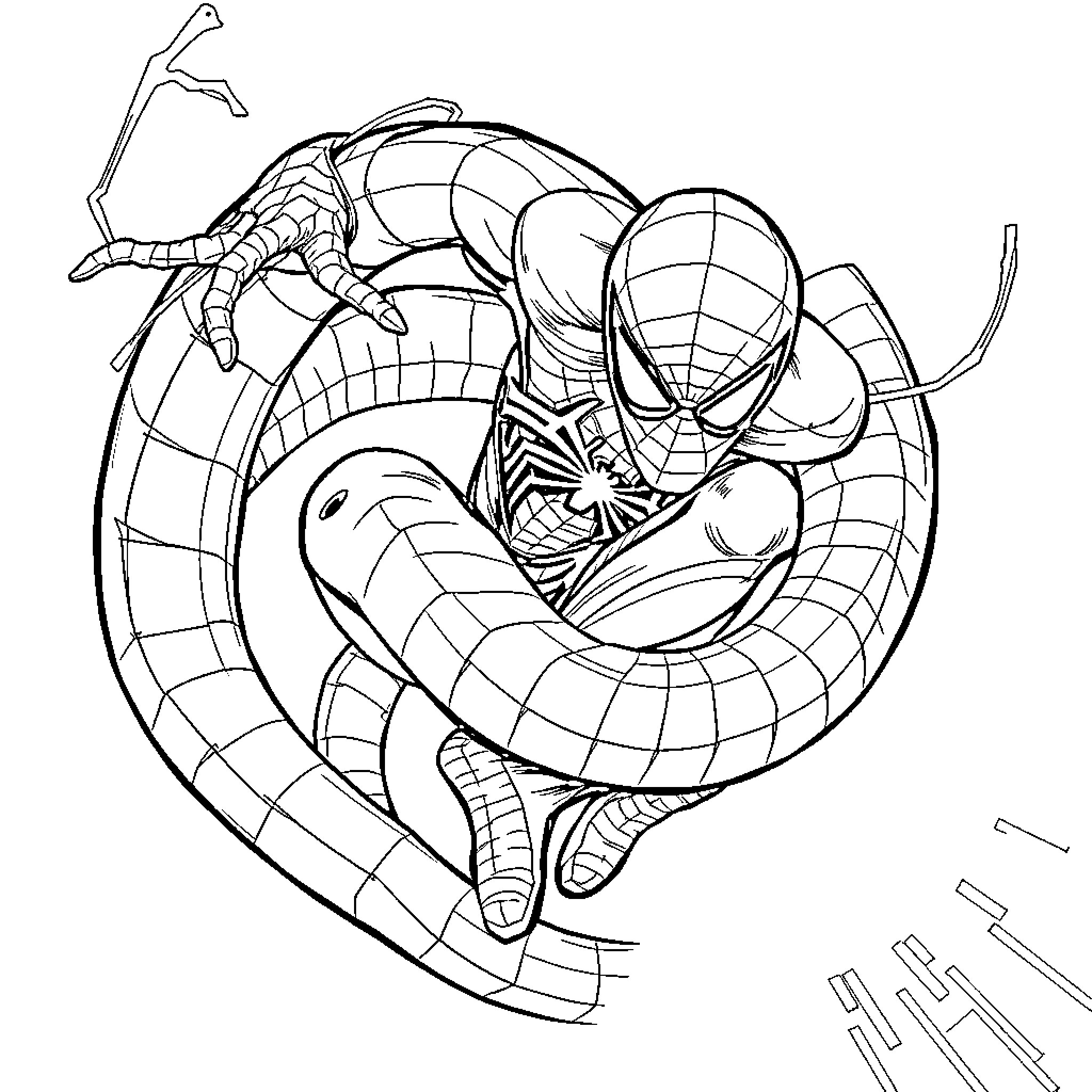 Serpent-Themed Spider-Man Swinging in Action Coloring Page (free black-and-white line drawing printable PDF for all, from beginners to advanced learners, including children, teens, adults, and seniors)