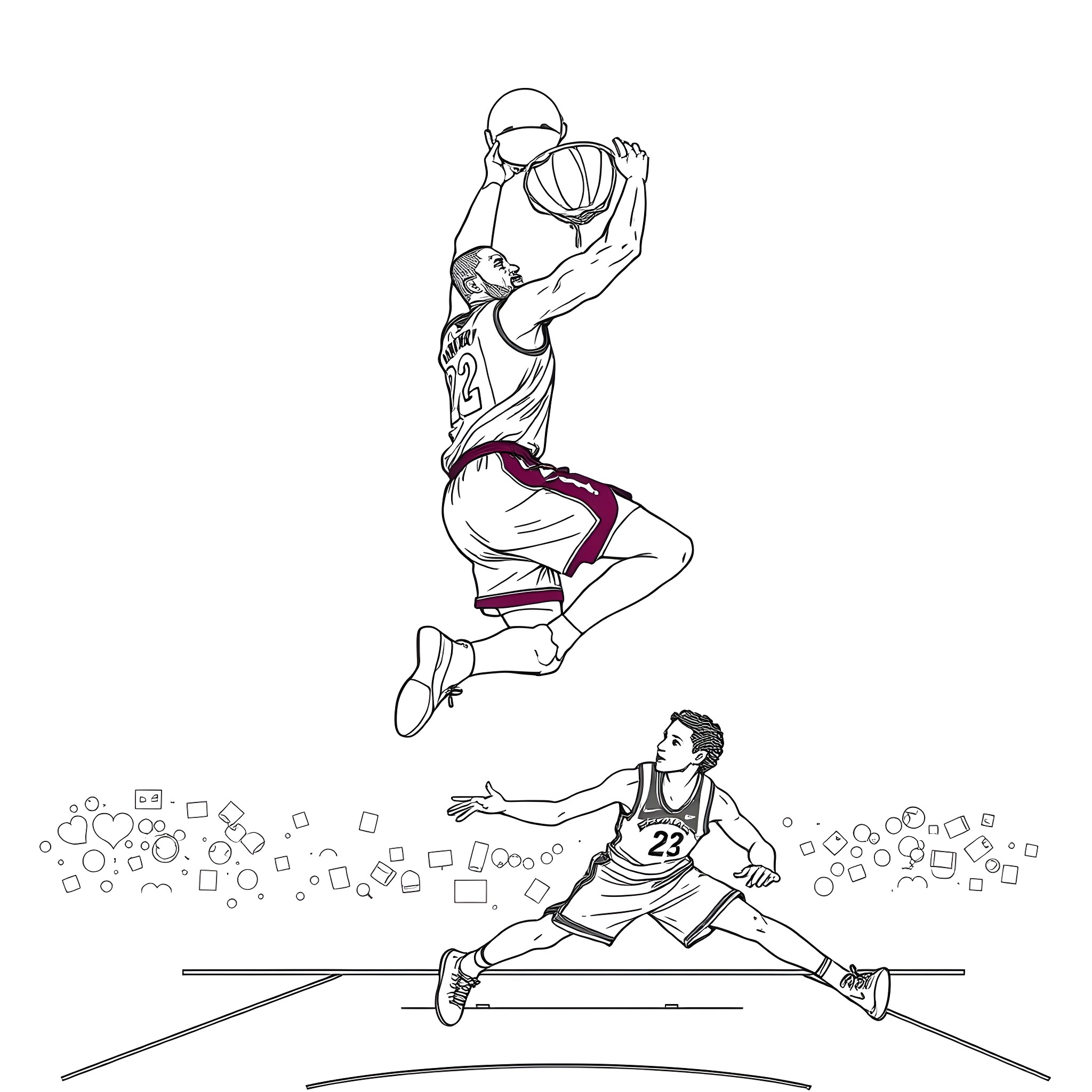 LeBron James in mid-air basketball dunk Coloring Page (free black-and-white line drawing printable PDF for all, from beginners to advanced learners, including children, teens, adults, and seniors)