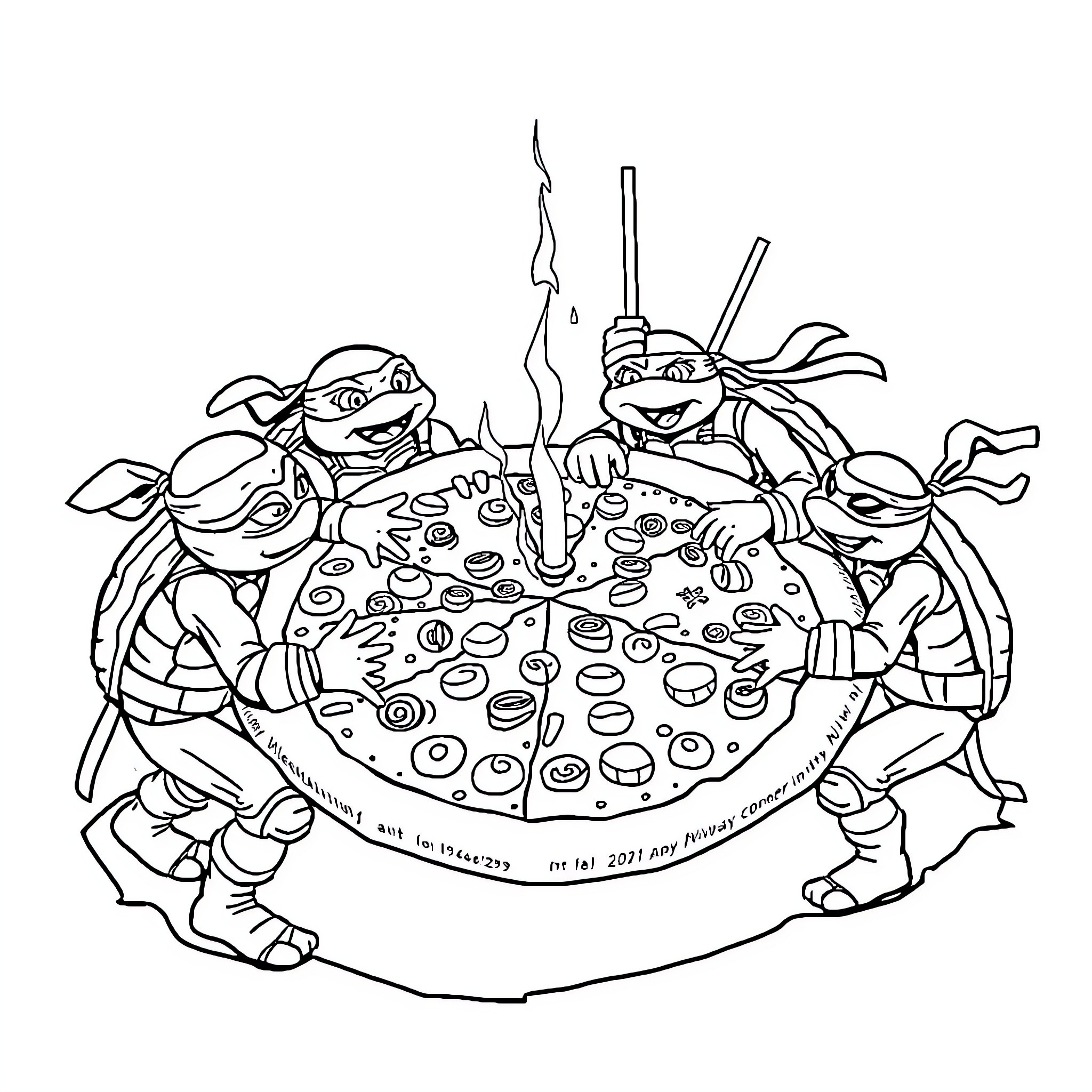 Ninja Turtles enjoying a pizza feast Coloring Page (free black-and-white line drawing printable PDF for all, from beginners to advanced learners, including children, teens, adults, and seniors)