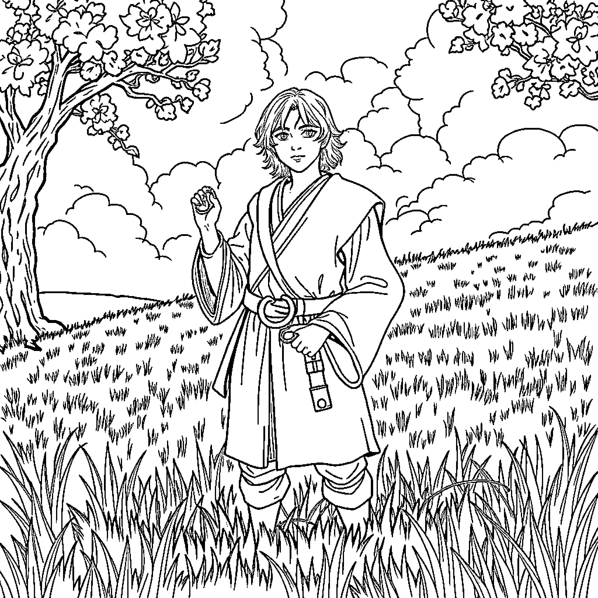 Frodo enjoying a peaceful moment in nature Coloring Page (free black-and-white line drawing printable PDF for all, from beginners to advanced learners, including children, teens, adults, and seniors)