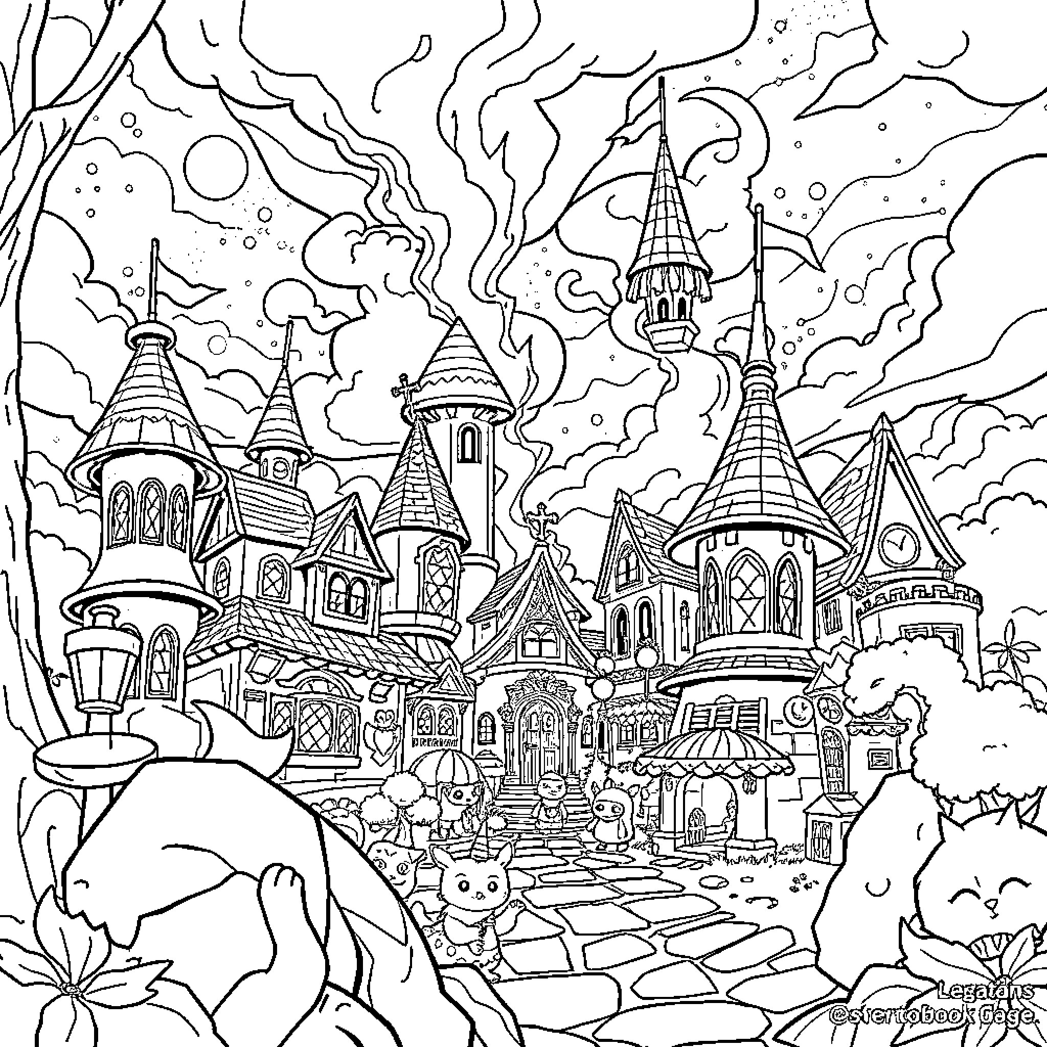 Toon Town with Whimsical Castles and Creatures Coloring Page (free black-and-white line drawing printable PDF for all, from beginners to advanced learners, including children, teens, adults, and seniors)