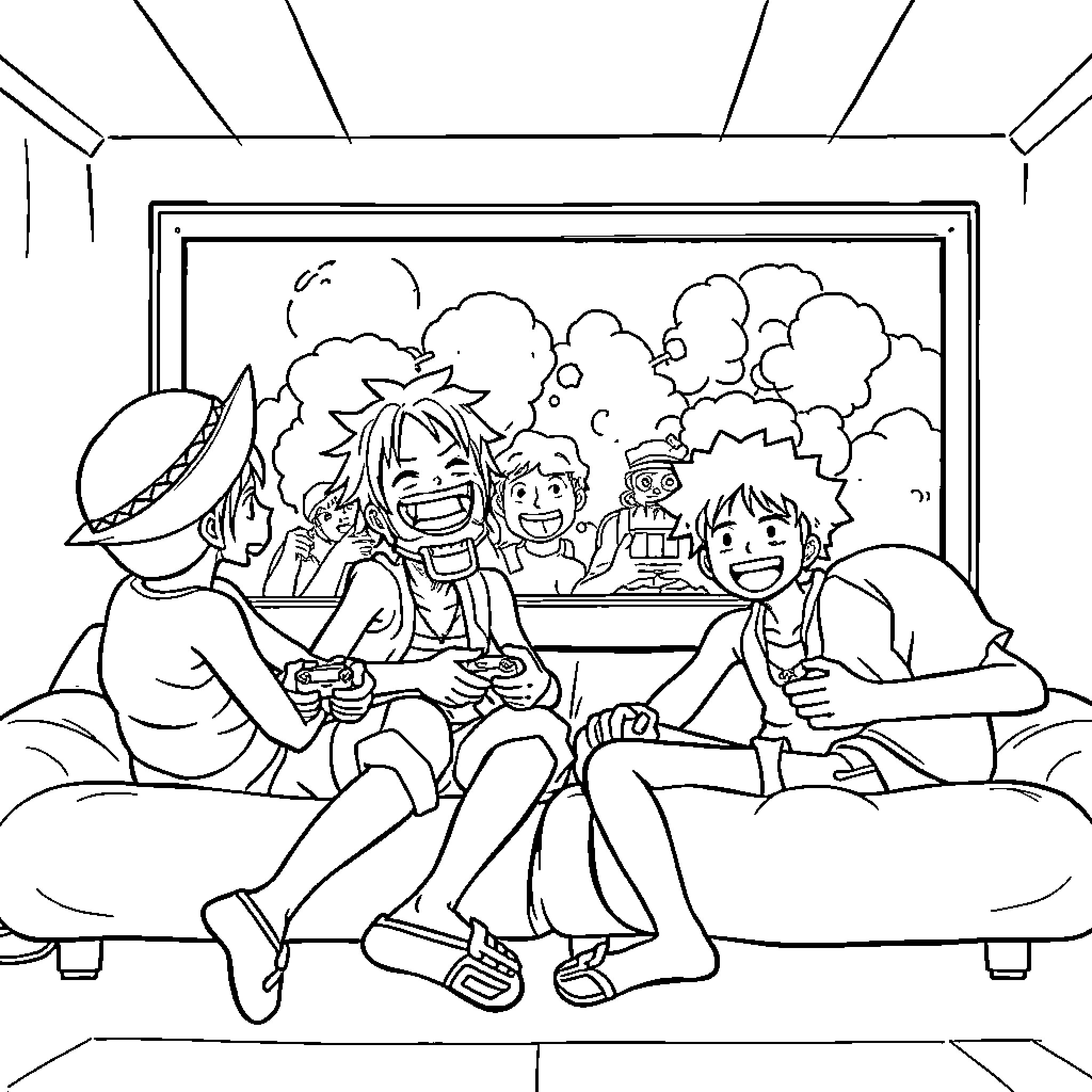 Luffy and friends enjoying a video game together Coloring Page (free black-and-white line drawing printable PDF for all, from beginners to advanced learners, including children, teens, adults, and seniors)
