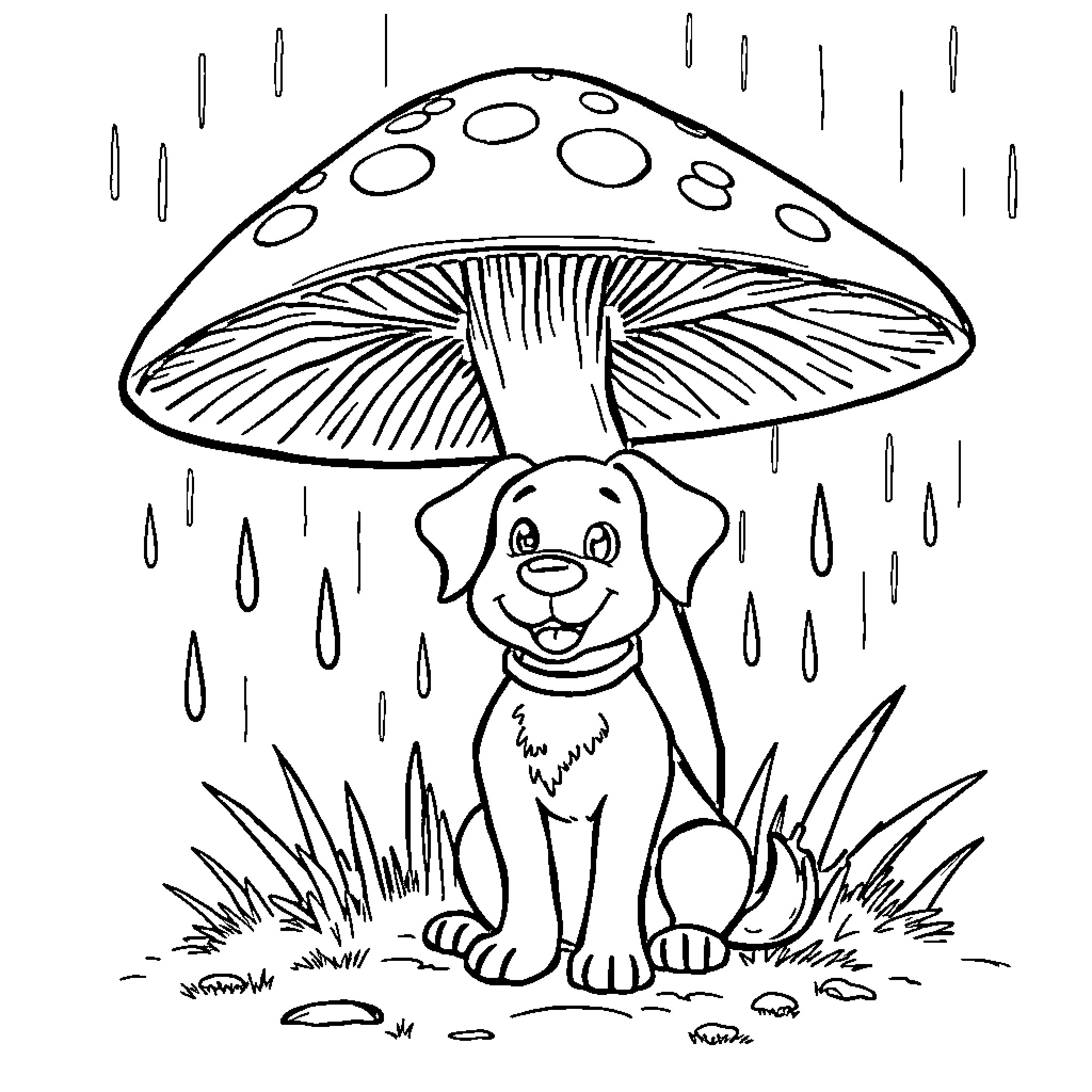 Dog Seeking Shelter Under Mushroom During Storm Coloring Page (free black-and-white line drawing printable PDF for all, from beginners to advanced learners, including children, teens, adults, and seniors)