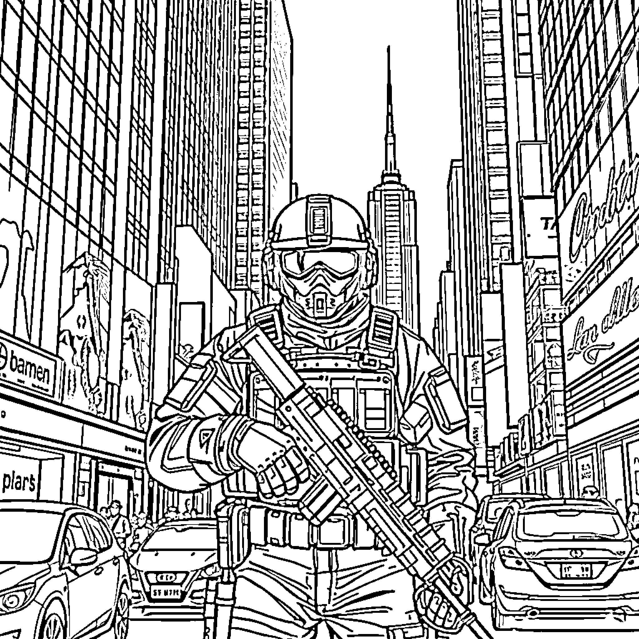 Soldier in Armed Combat Gear Amid Urban Cityscape Coloring Page (free black-and-white line drawing printable PDF for all, from beginners to advanced learners, including children, teens, adults, and seniors)