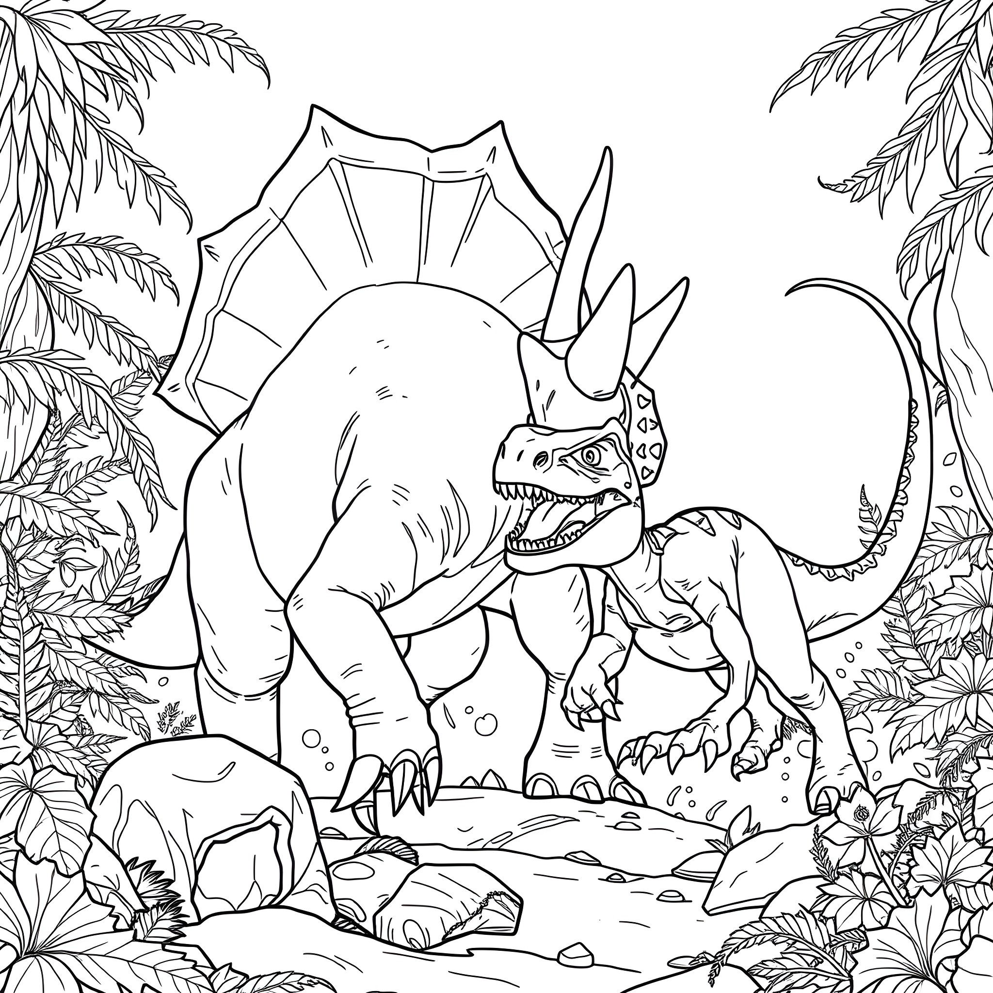 Triceratops roaming in the prehistoric jungle Coloring Page (free black-and-white line drawing printable PDF for all, from beginners to advanced learners, including children, teens, adults, and seniors)
