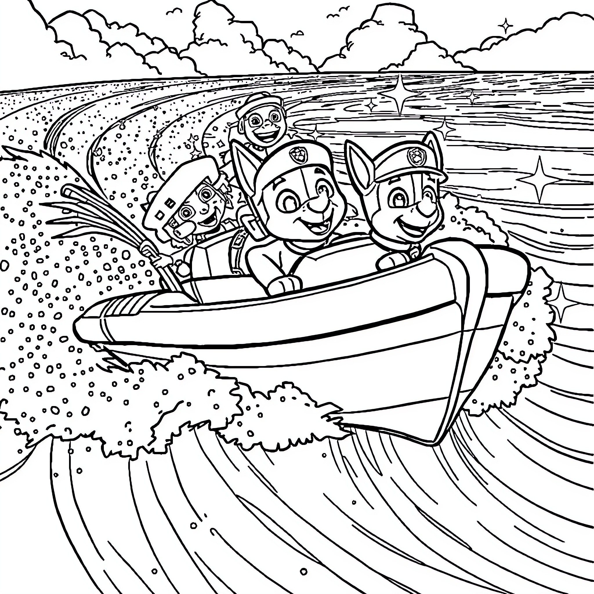 Chase through the waves on a fun boat ride Coloring Page (free black-and-white line drawing printable PDF for all, from beginners to advanced learners, including children, teens, adults, and seniors)