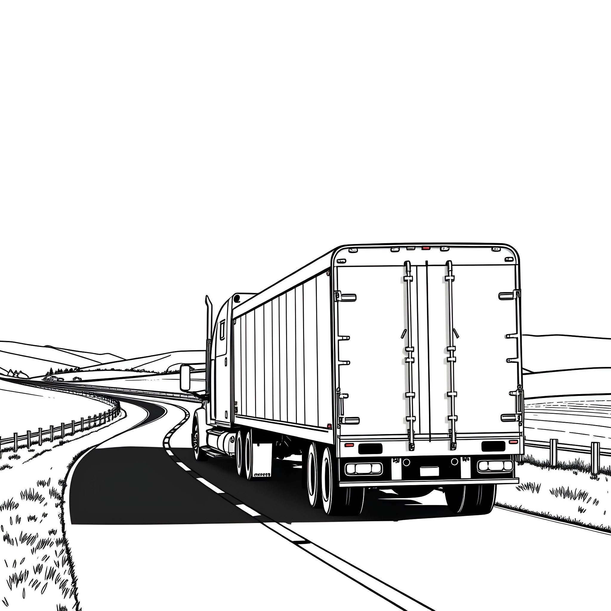 Gooseneck Trailer Transporting Goods on Countryside Road Coloring Page (free black-and-white line drawing printable PDF for all, from beginners to advanced learners, including children, teens, adults, and seniors)