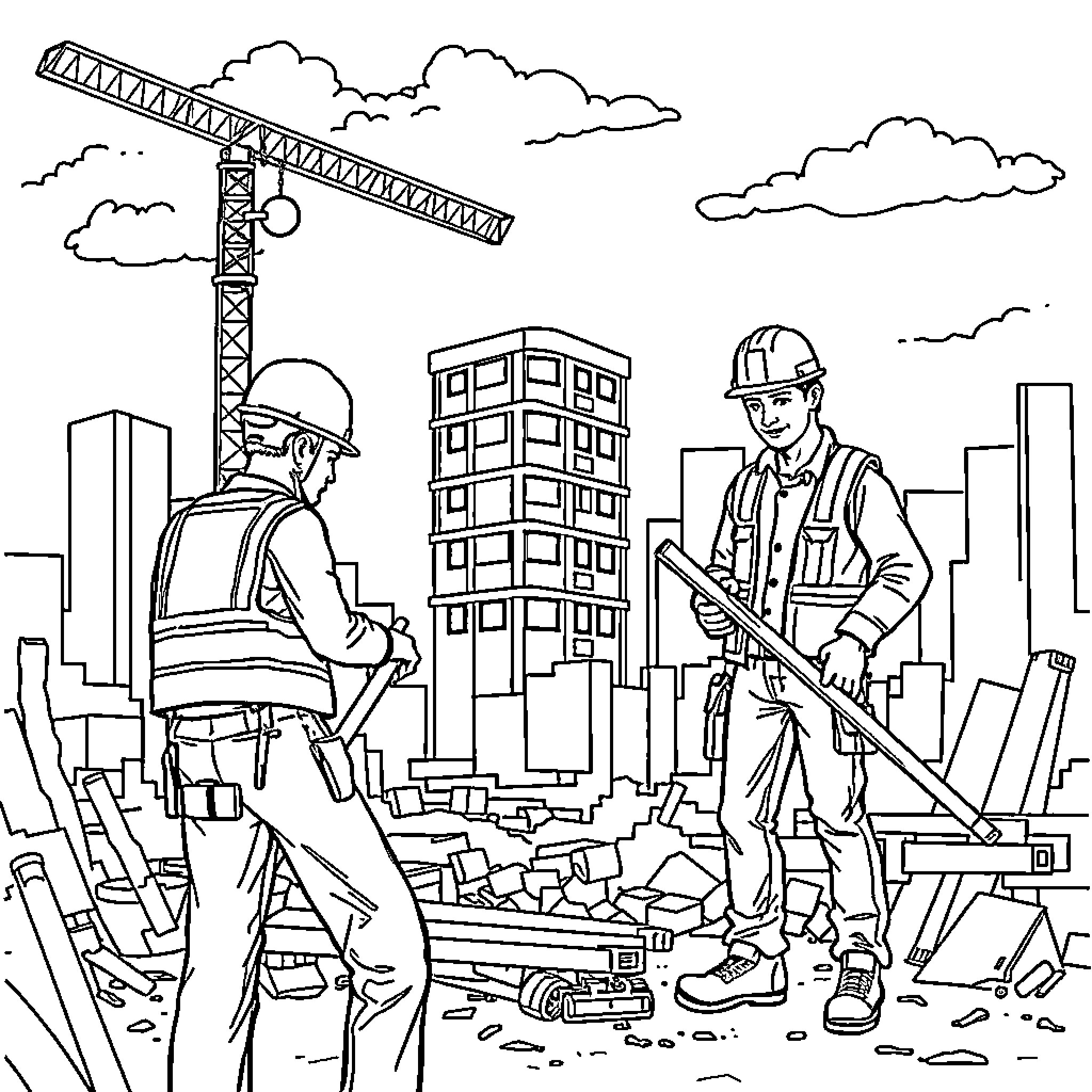 Construction Equipment at Work on City Site Coloring Page (free black-and-white line drawing printable PDF for all, from beginners to advanced learners, including children, teens, adults, and seniors)