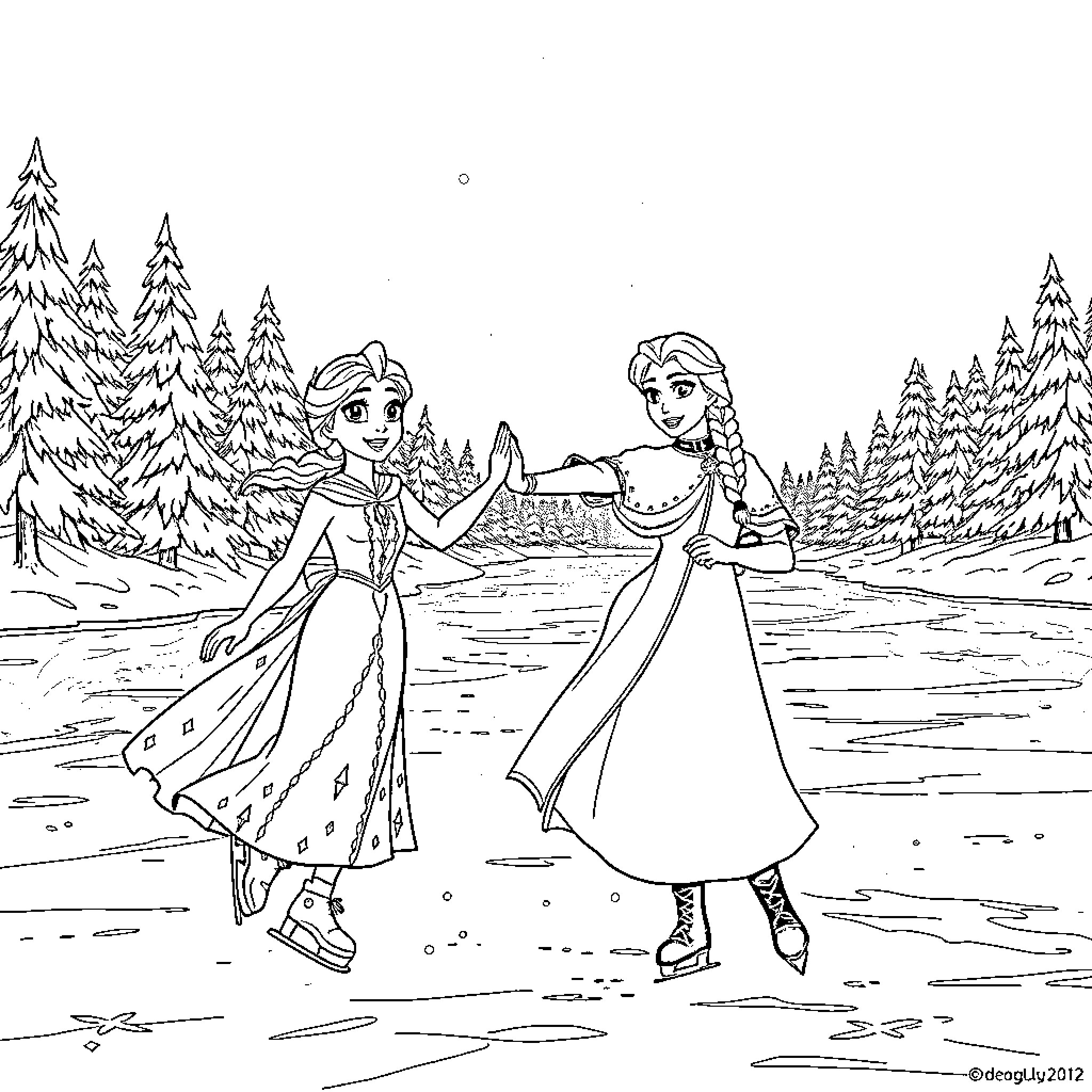 Elsa and Anna ice skating in the winter wonderland Coloring Page (free black-and-white line drawing printable PDF for all, from beginners to advanced learners, including children, teens, adults, and seniors)