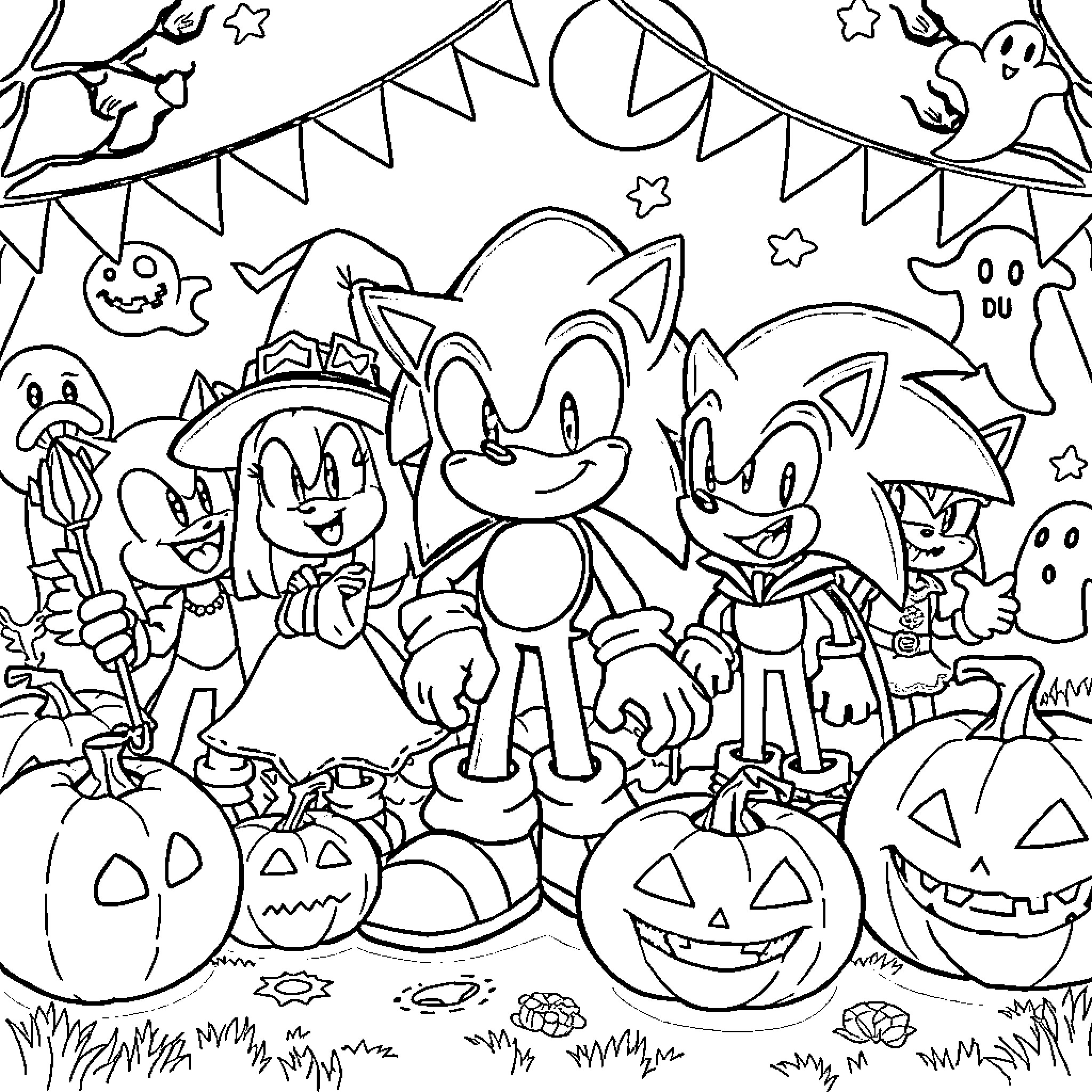 Sonic characters celebrating a spooky Halloween party Coloring Page (free black-and-white line drawing printable PDF for all, from beginners to advanced learners, including children, teens, adults, and seniors)