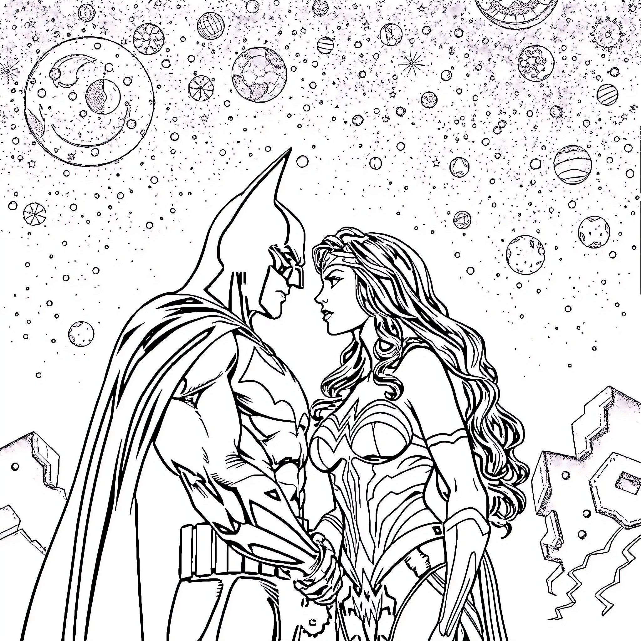 Batman and Wonder Woman in Cosmic Encounter Coloring Page (free black-and-white line drawing printable PDF for all, from beginners to advanced learners, including children, teens, adults, and seniors)