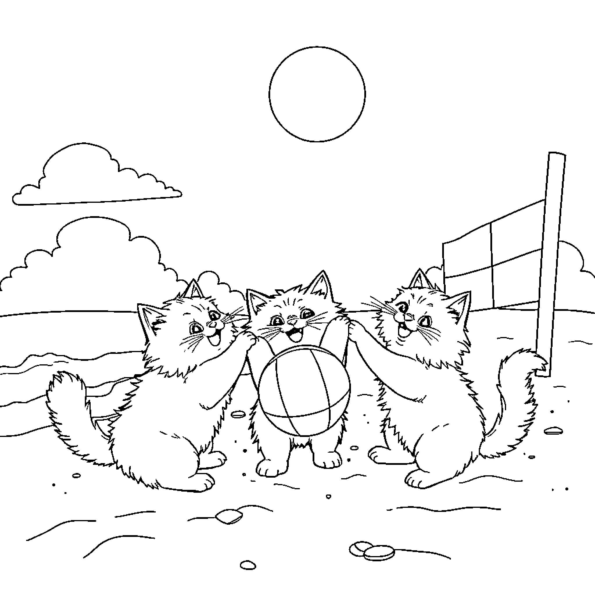 Cat kittens playing together in outdoor scene Coloring Page (free black-and-white line drawing printable PDF for all, from beginners to advanced learners, including children, teens, adults, and seniors)