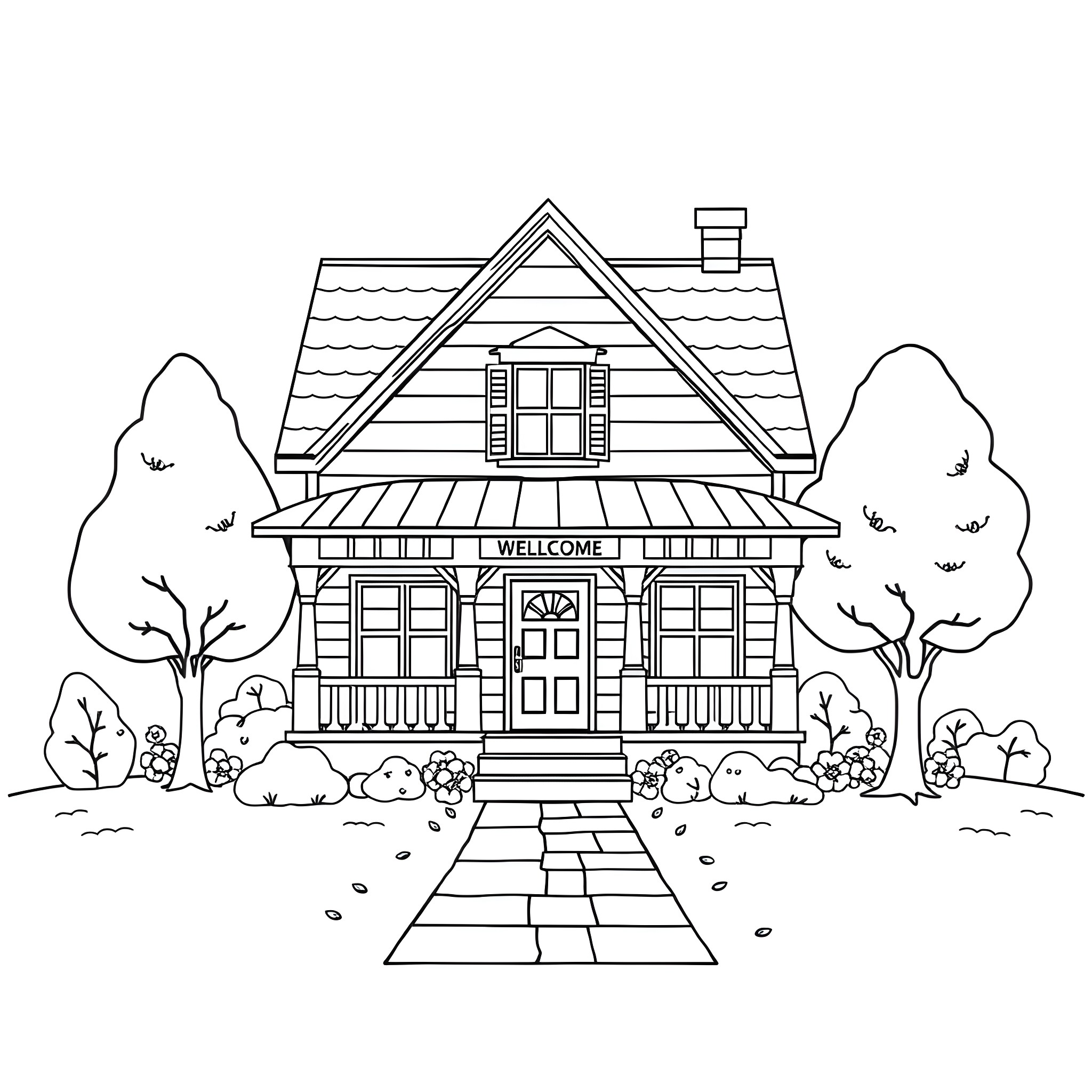 House with welcome sign and landscaping Coloring Page (free black-and-white line drawing printable PDF for all, from beginners to advanced learners, including children, teens, adults, and seniors)
