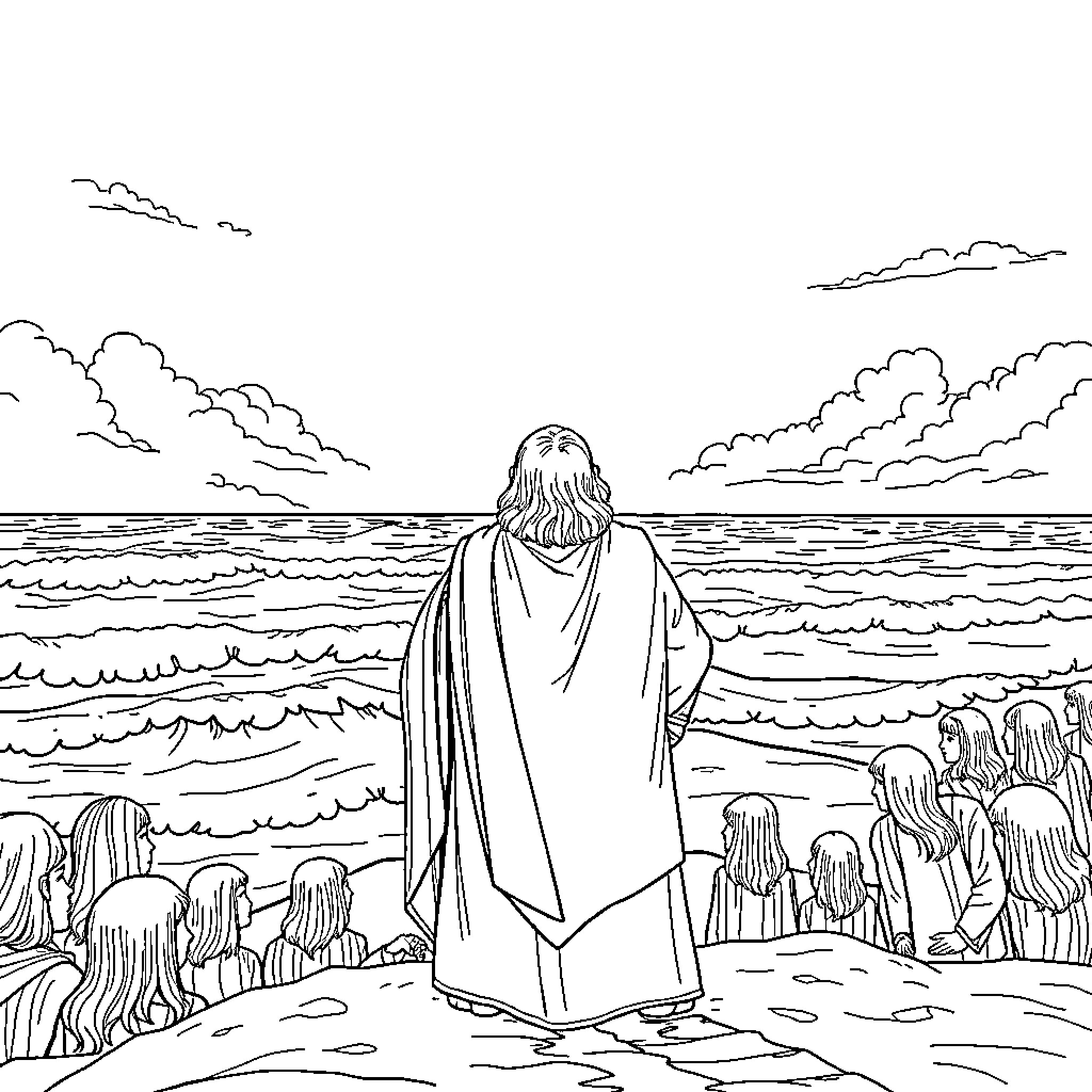 Moses Parting the Sea with Followers Coloring Page (free black-and-white line drawing printable PDF for all, from beginners to advanced learners, including children, teens, adults, and seniors)