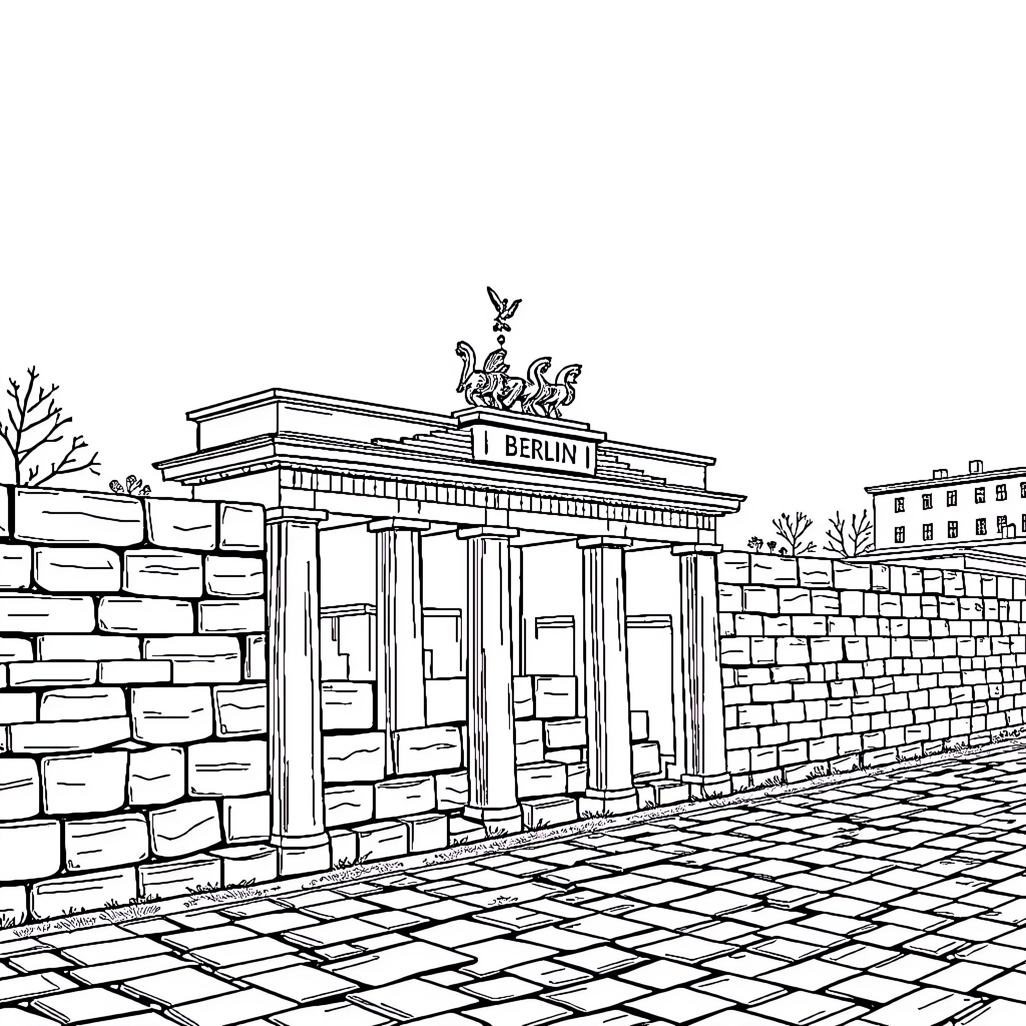 Berlin Wall: Iconic Gate and Cityscape Coloring Page (free black-and-white line drawing printable PDF for all, from beginners to advanced learners, including children, teens, adults, and seniors)