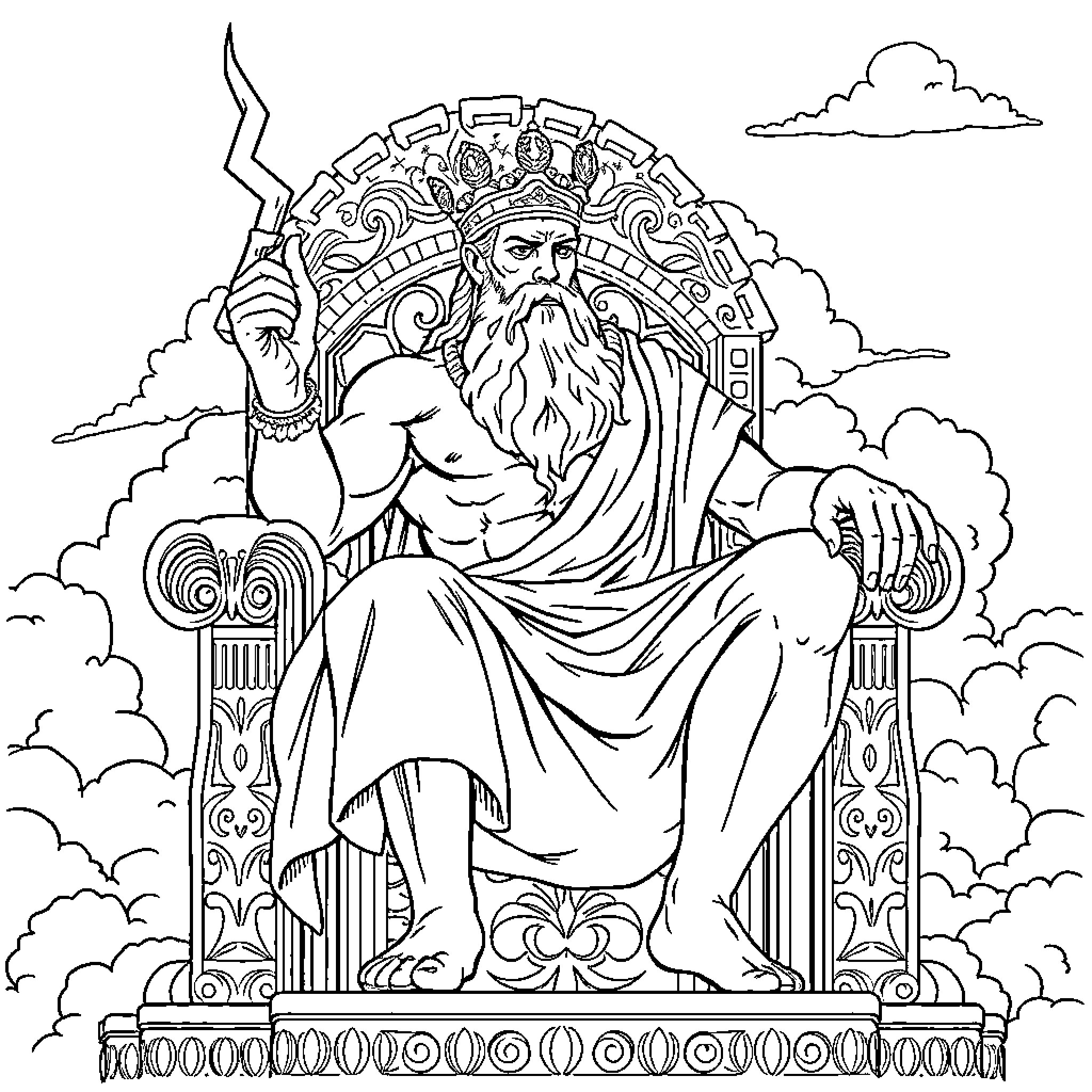 Zeus, the Mighty Ruler of Mount Olympus Coloring Page (free black-and-white line drawing printable PDF for all, from beginners to advanced learners, including children, teens, adults, and seniors)