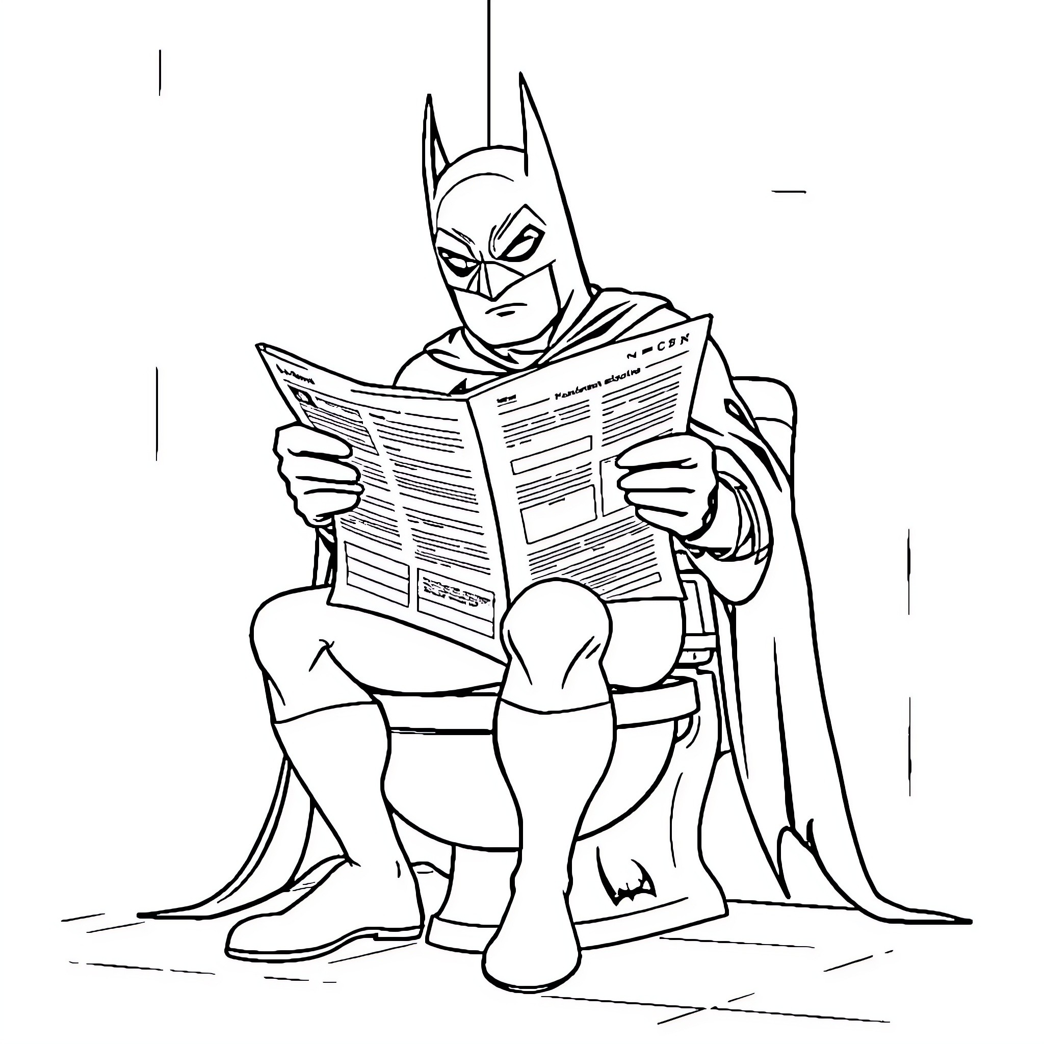 Batman reading the newspaper intently Coloring Page (free black-and-white line drawing printable PDF for all, from beginners to advanced learners, including children, teens, adults, and seniors)
