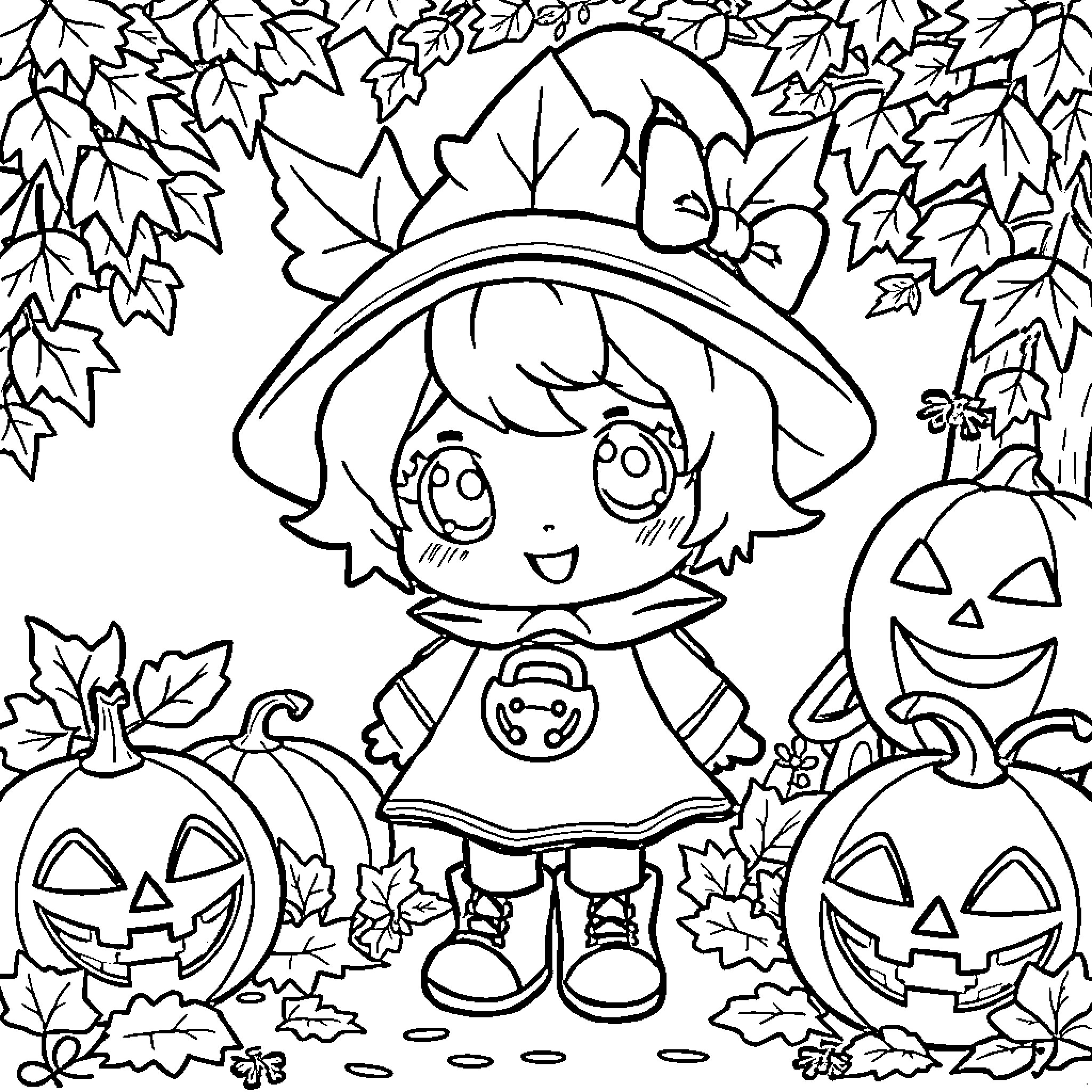 Maple Leaf Girl in Autumn Wonderland Coloring Page (free black-and-white line drawing printable PDF for all, from beginners to advanced learners, including children, teens, adults, and seniors)