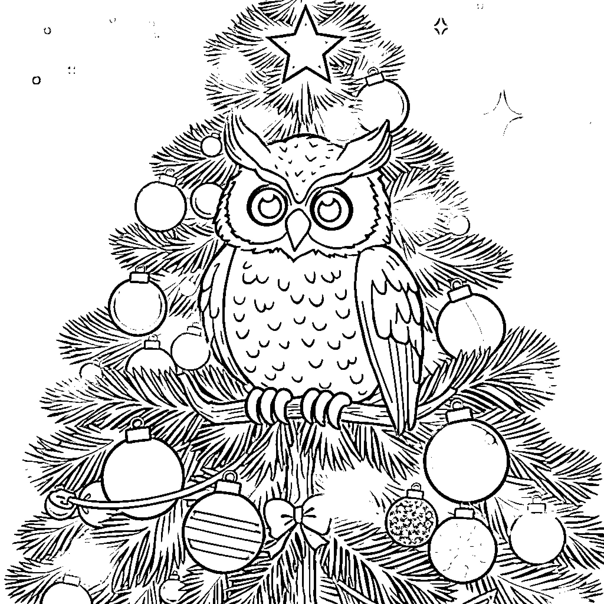 Owl perched on Christmas tree with ornaments Coloring Page (free black-and-white line drawing printable PDF for all, from beginners to advanced learners, including children, teens, adults, and seniors)