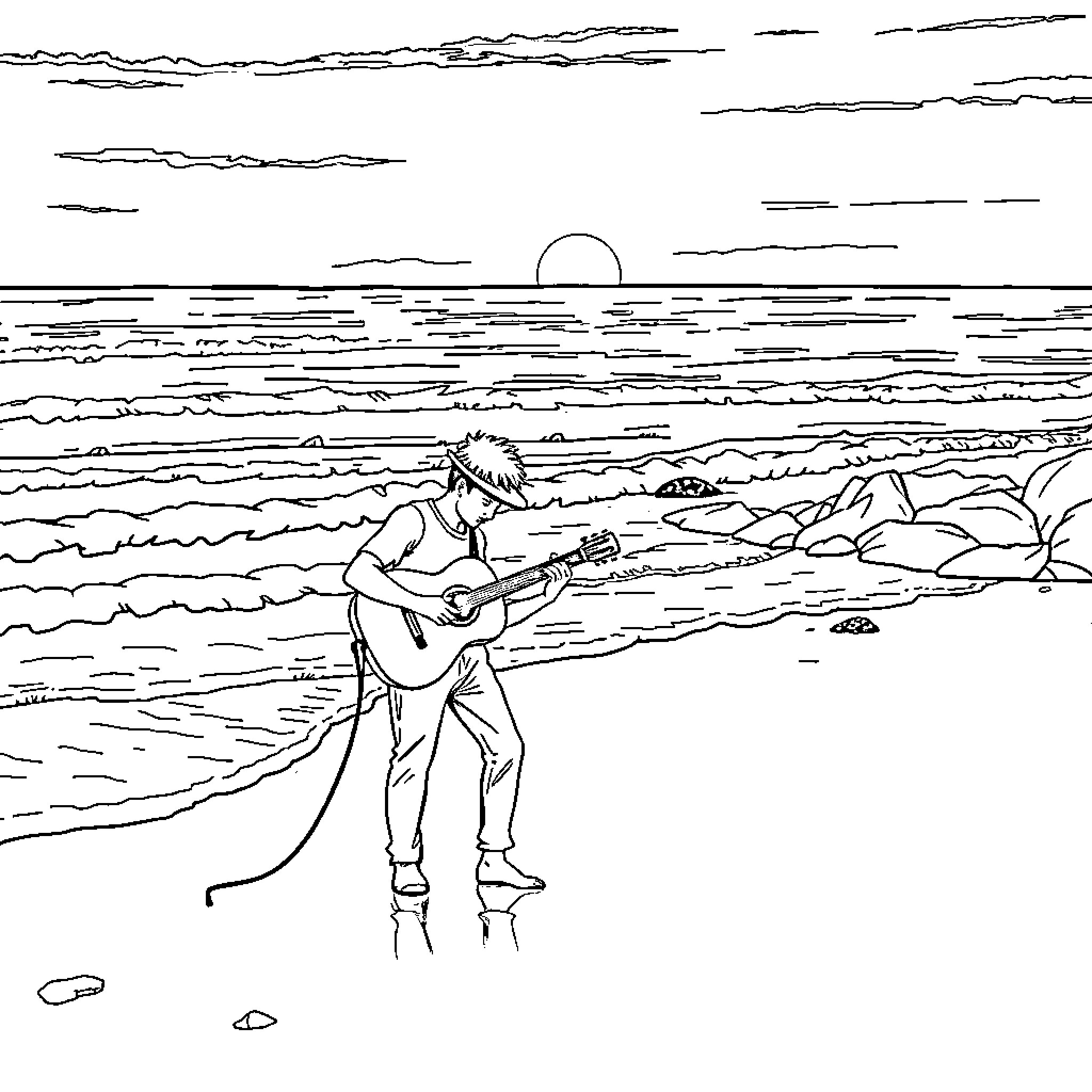 Musicien jouant de la guitare sur la plage au coucher de soleil Coloring Page (free black-and-white line drawing printable PDF for all, from beginners to advanced learners, including children, teens, adults, and seniors)