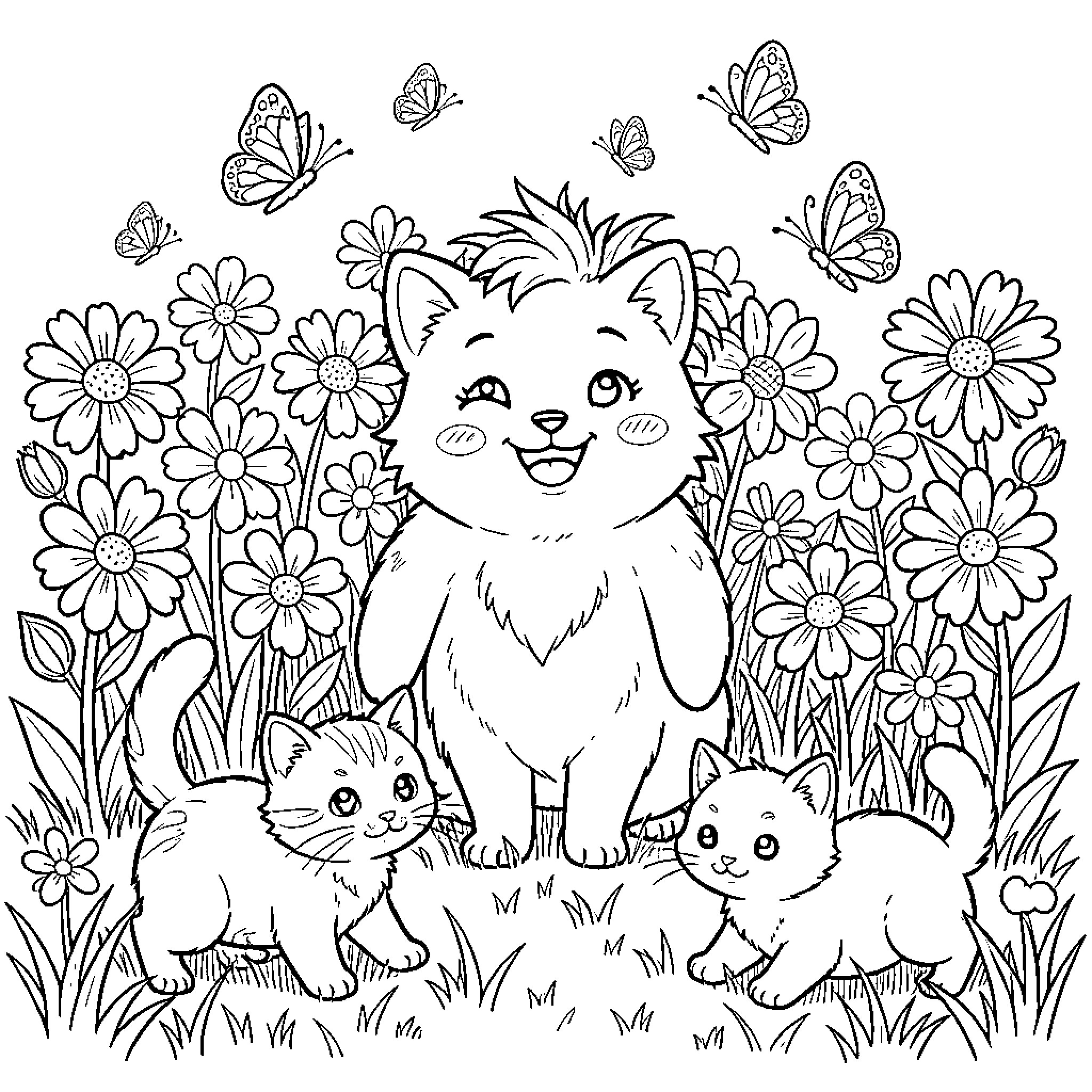 Aithia's Playful Felines in Floral Wonderland Coloring Page (free black-and-white line drawing printable PDF for all, from beginners to advanced learners, including children, teens, adults, and seniors)