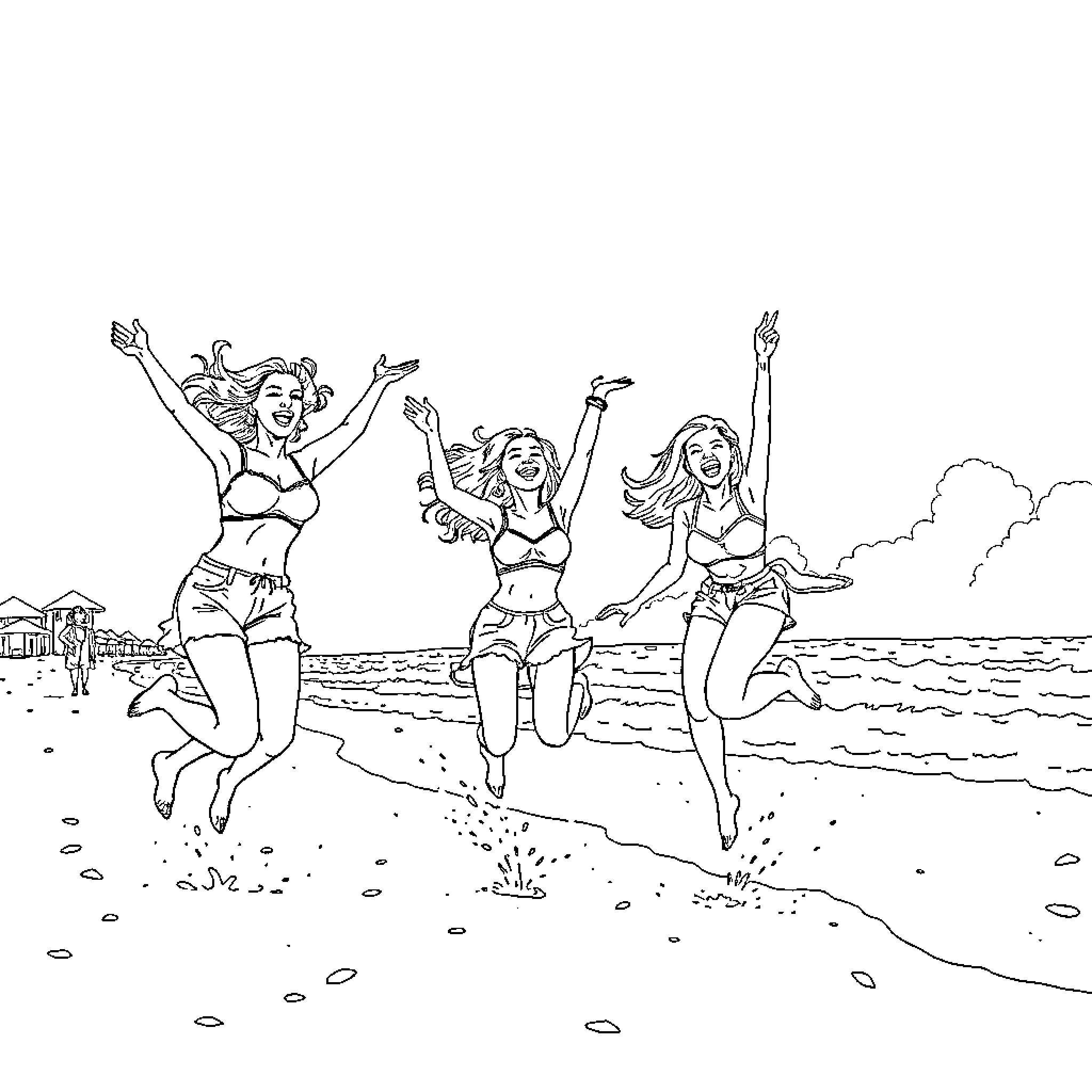 Babe's Joyful Beach Adventure Coloring Page (free black-and-white line drawing printable PDF for all, from beginners to advanced learners, including children, teens, adults, and seniors)